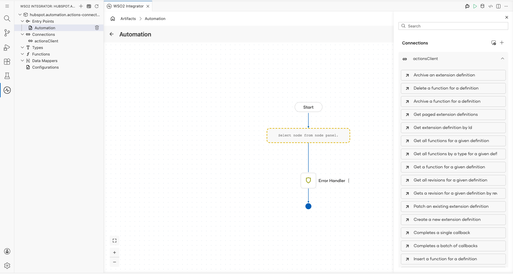 HubSpot Automation Actions connection node expanded showing all available operations before selection