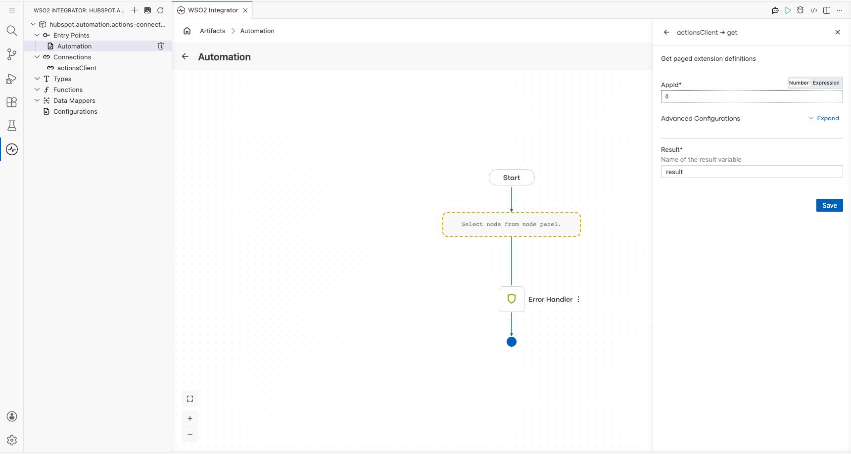 HubSpot Automation Actions Get paged extension definitions operation configuration filled with all values