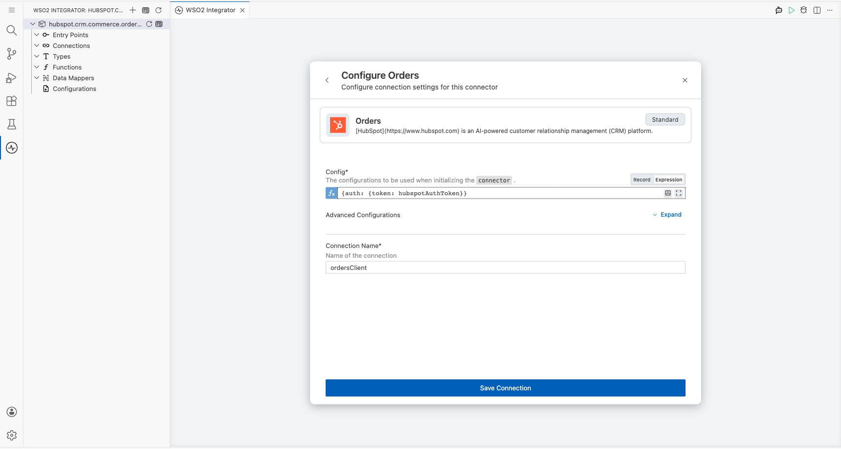 HubSpot CRM Commerce Orders connection form fully filled with all parameters before saving