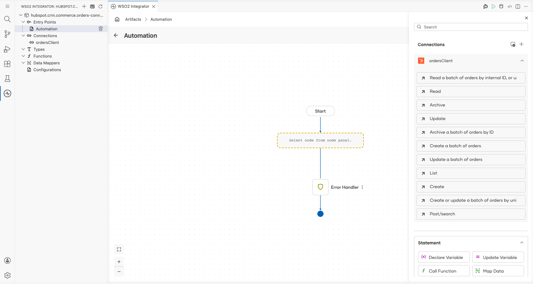 HubSpot CRM Commerce Orders connection node expanded showing all available operations before selection
