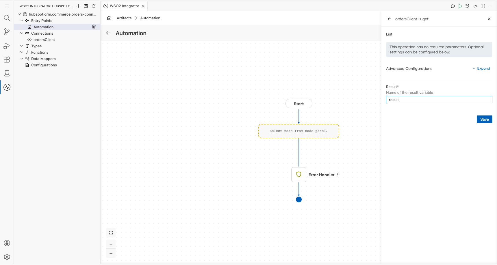 HubSpot CRM Commerce Orders List operation configuration filled with all values