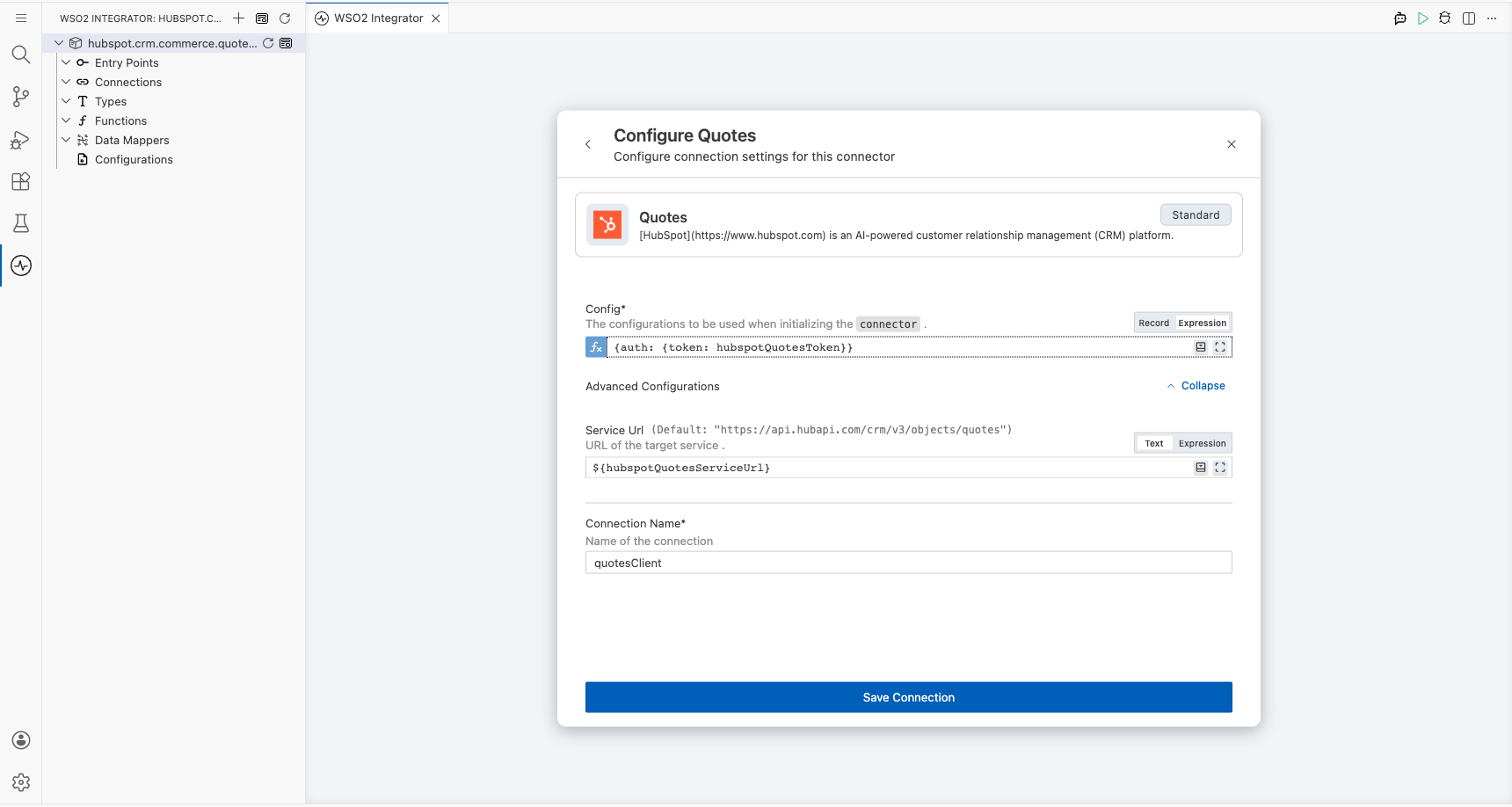 HubSpot CRM Commerce Quotes connection form fully filled with all parameters before saving