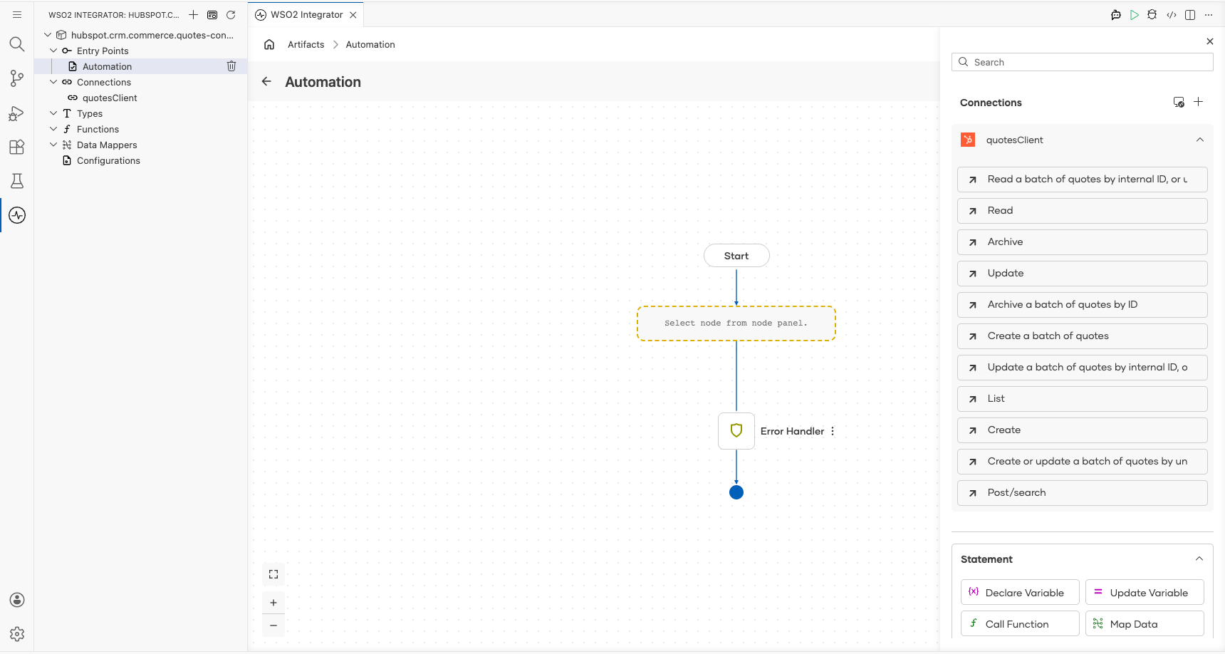 HubSpot CRM Commerce Quotes connection node expanded showing all available operations before selection