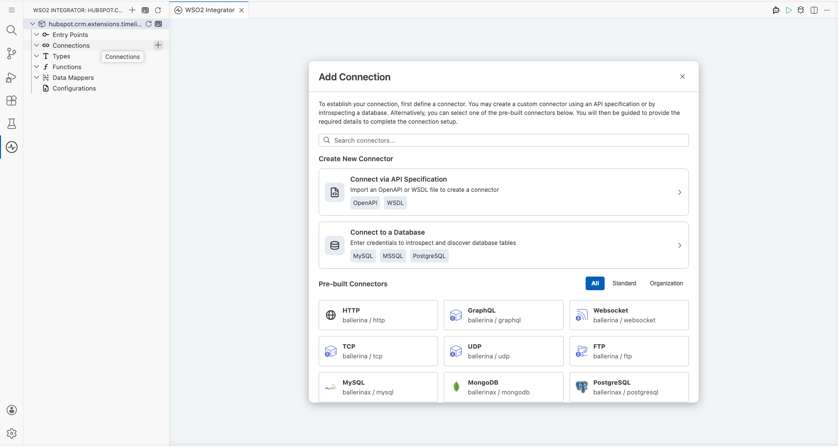 HubSpot Timelines connector palette open with search field before any selection
