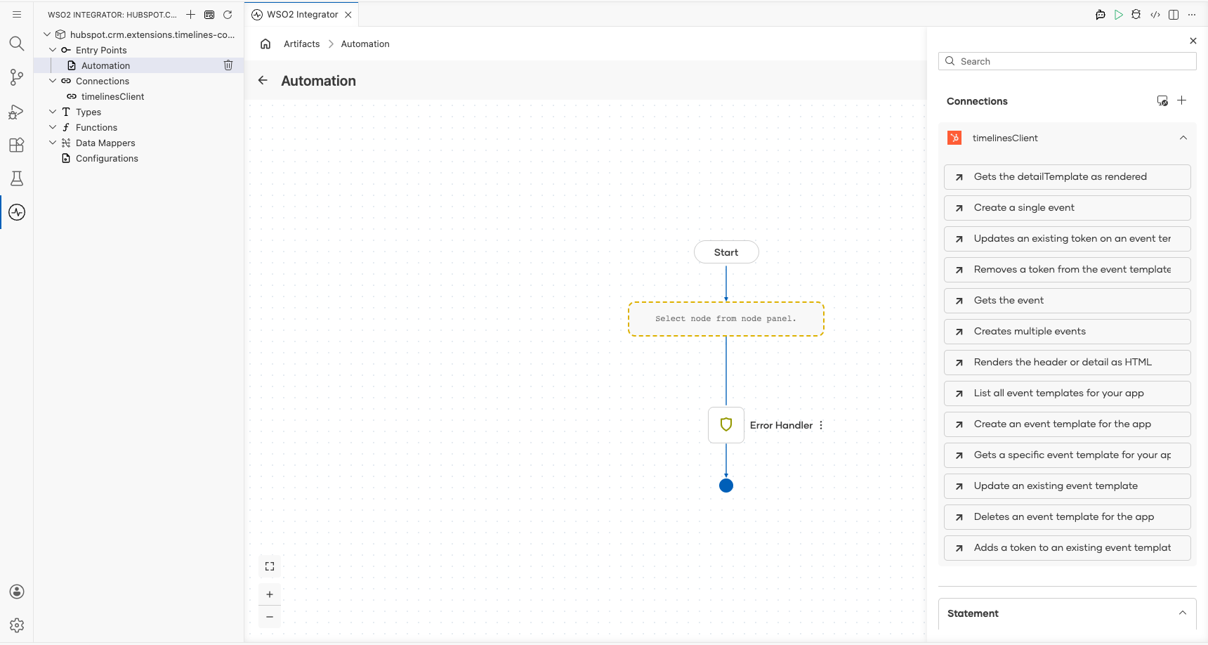 HubSpot Timelines connection node expanded showing all available operations before selection