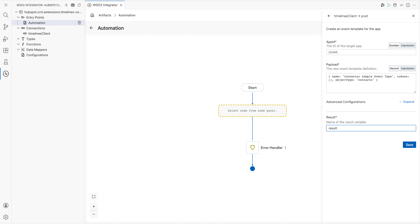 HubSpot Timelines createEventType operation configuration filled with all values