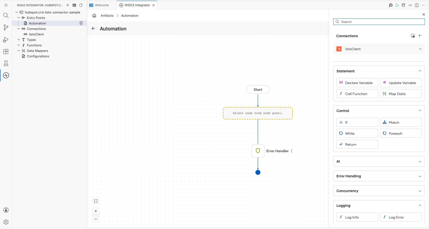 HubSpot CRM Lists connection node expanded showing all available operations before selection