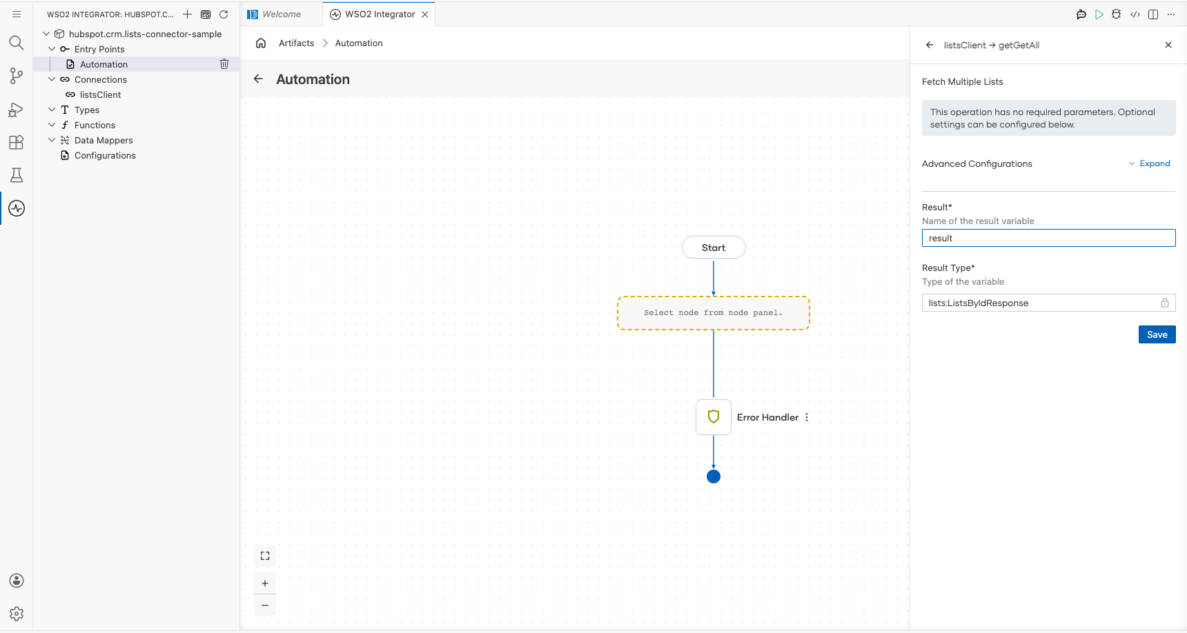 HubSpot CRM Lists getAllLists operation configuration filled with all values
