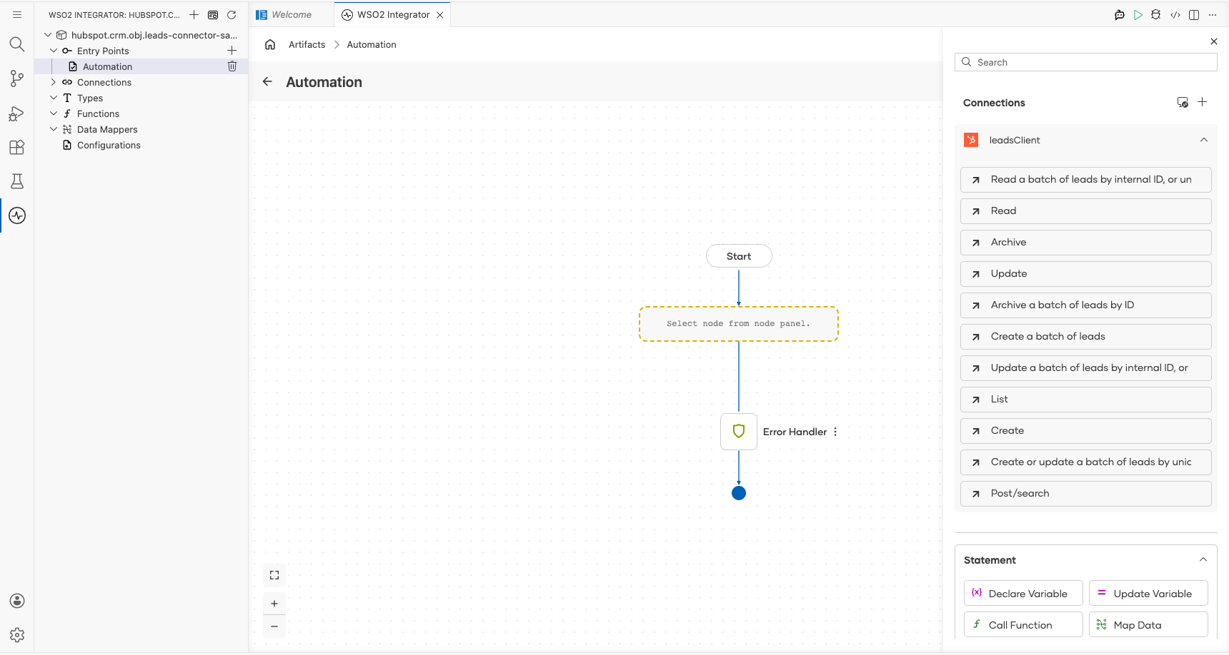 HubSpot CRM Leads connection node expanded showing all available operations before selection