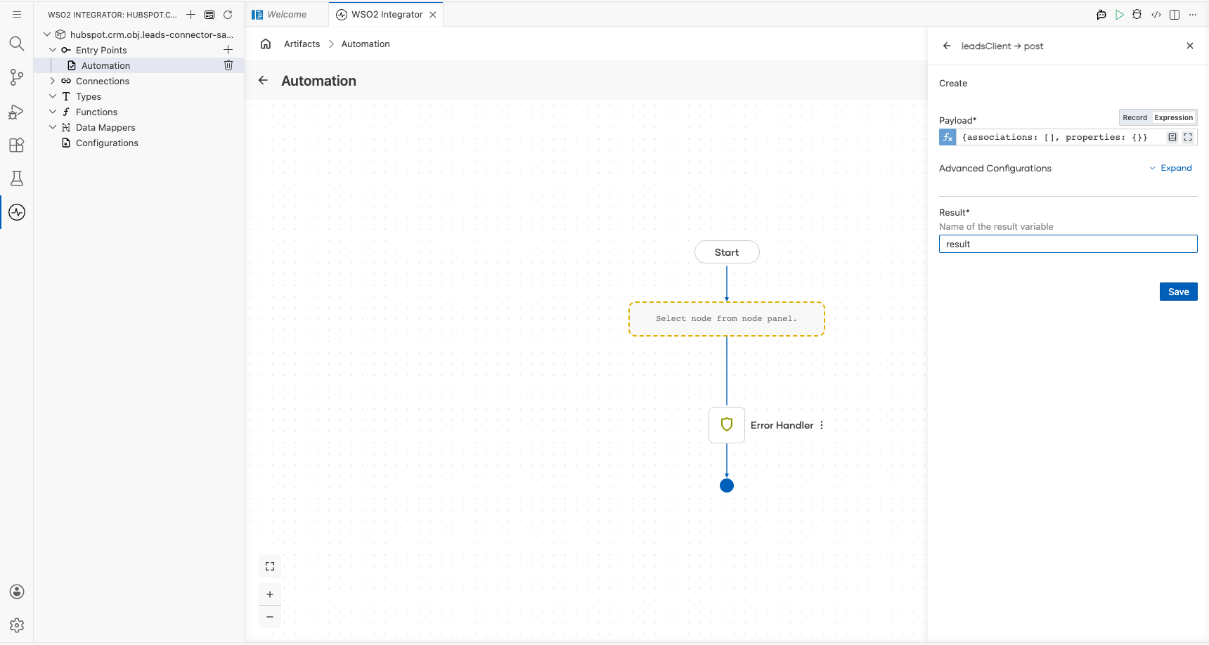 HubSpot CRM Leads Create operation configuration filled with all values
