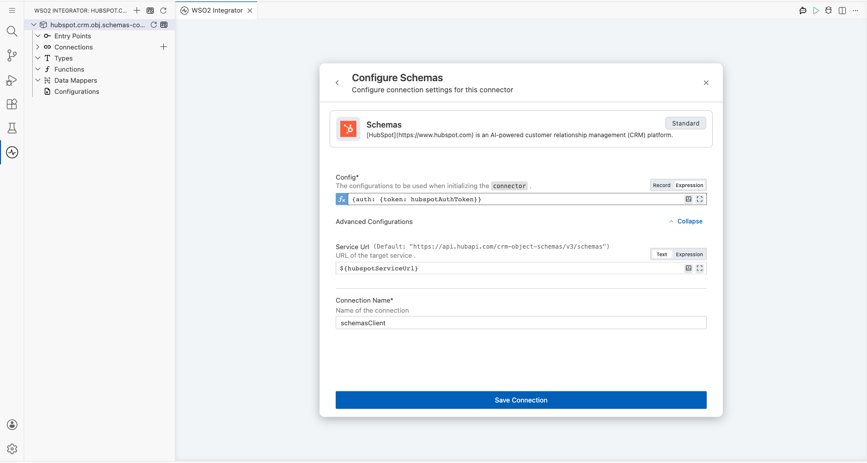 HubSpot CRM Schemas connection form fully filled with all parameters before saving