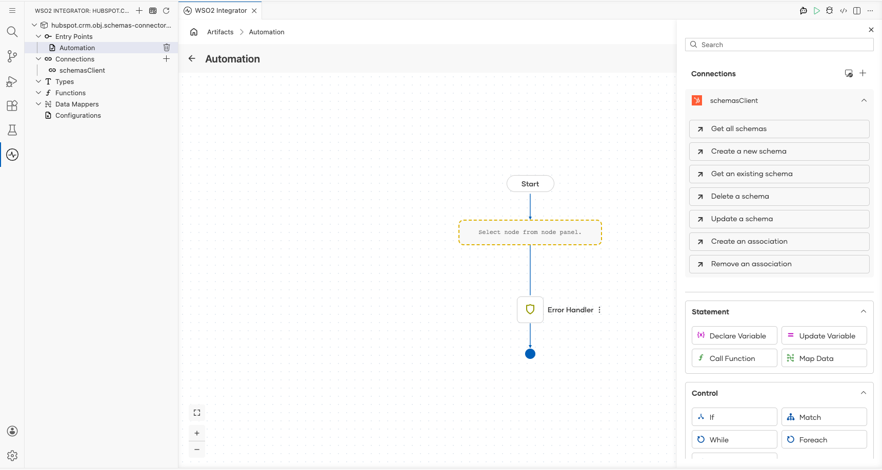 HubSpot CRM Schemas connection node expanded showing all available operations before selection