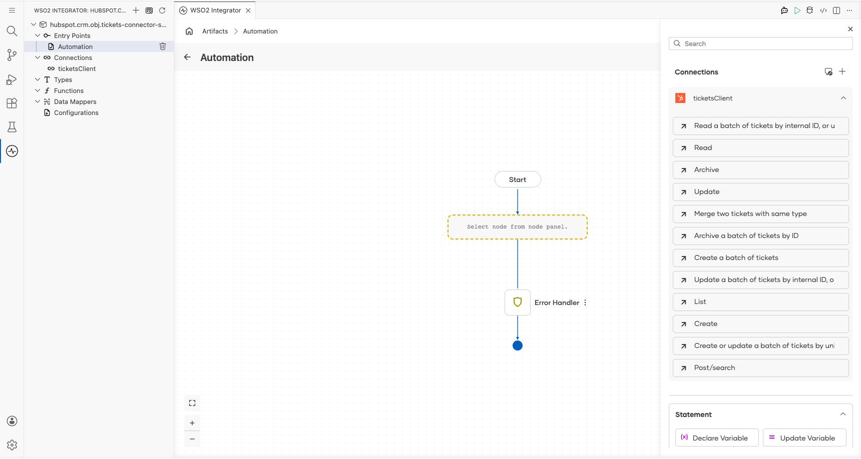 HubSpot CRM Tickets connection node expanded showing all available operations before selection