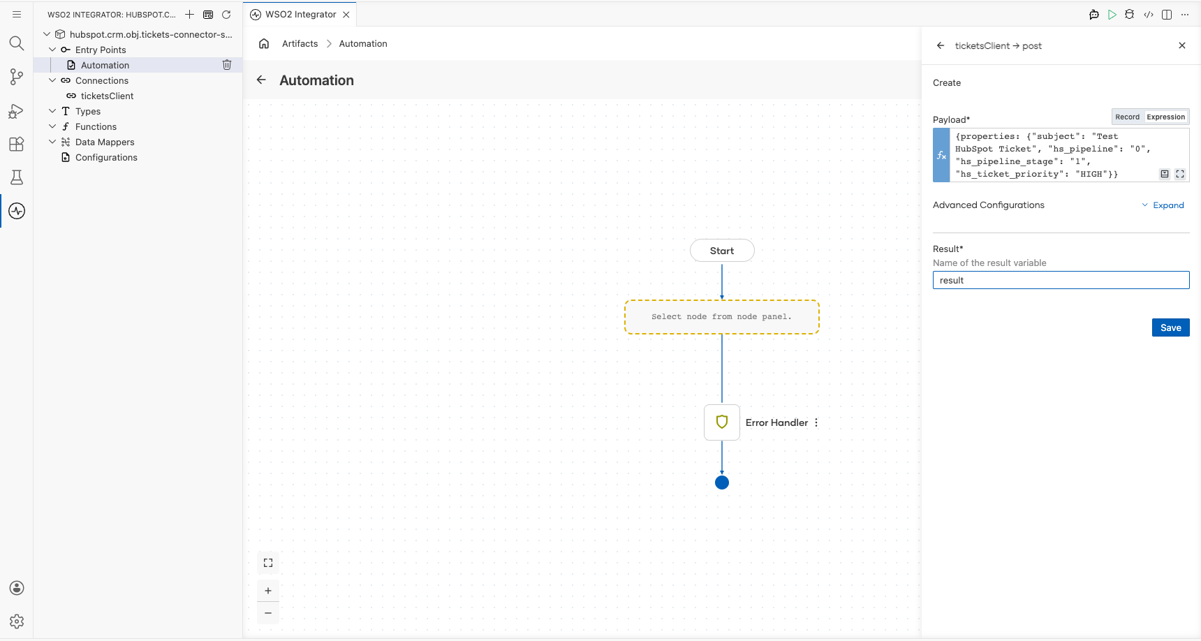 HubSpot CRM Tickets create operation configuration filled with all values