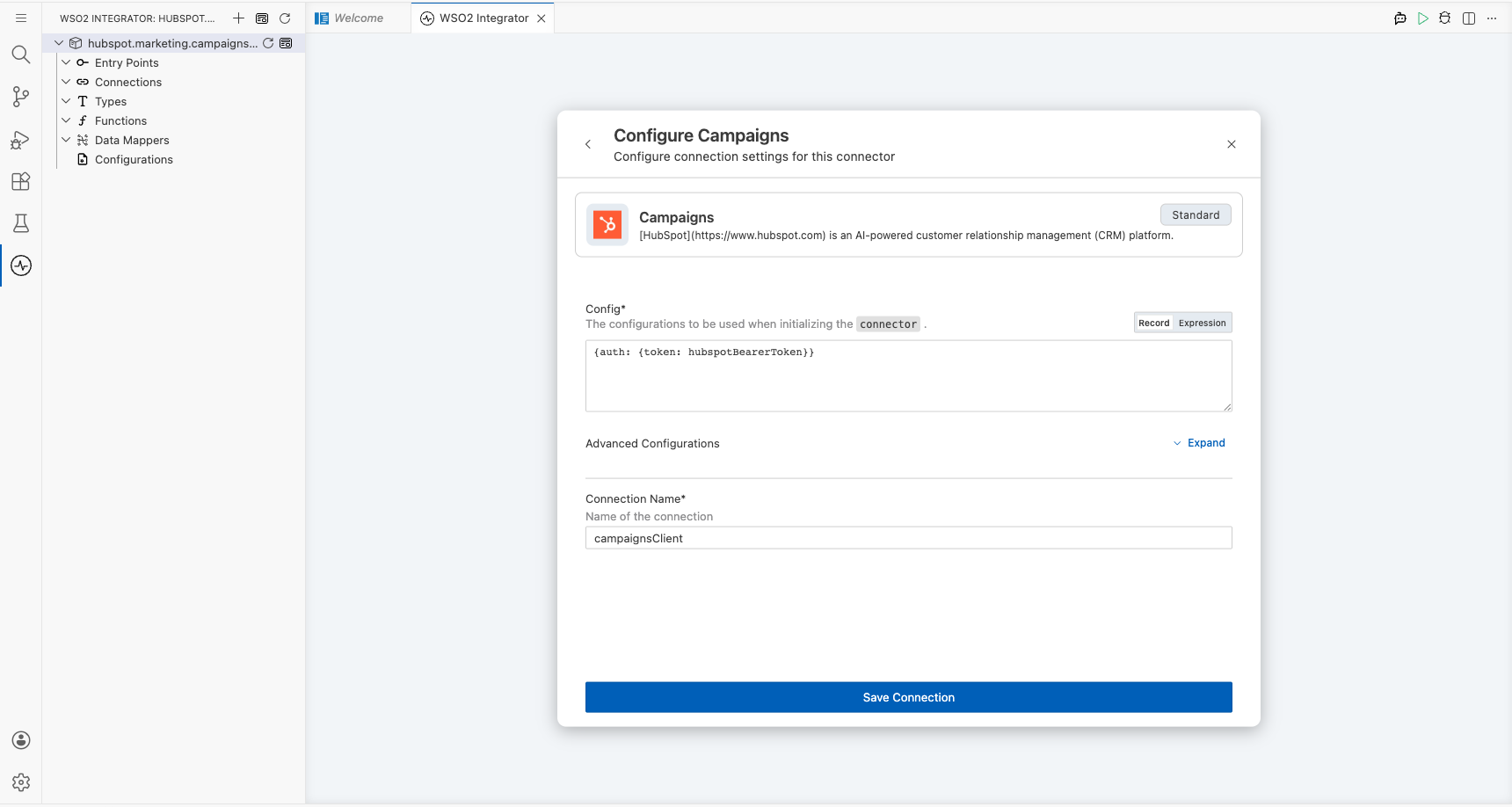 HubSpot Marketing Campaigns connection form fully filled with all parameters before saving