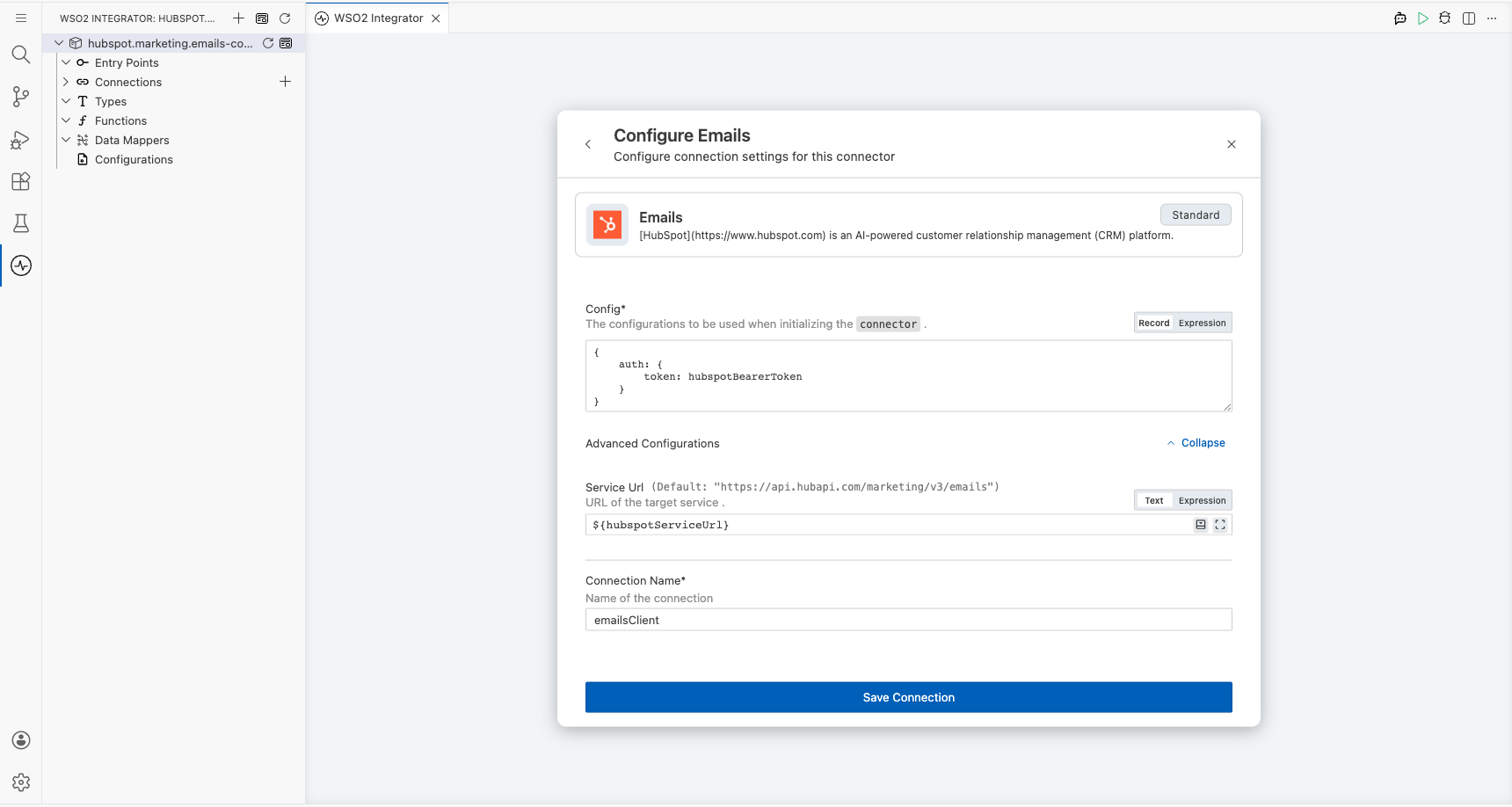 HubSpot Marketing Emails connection form fully filled with all parameters before saving