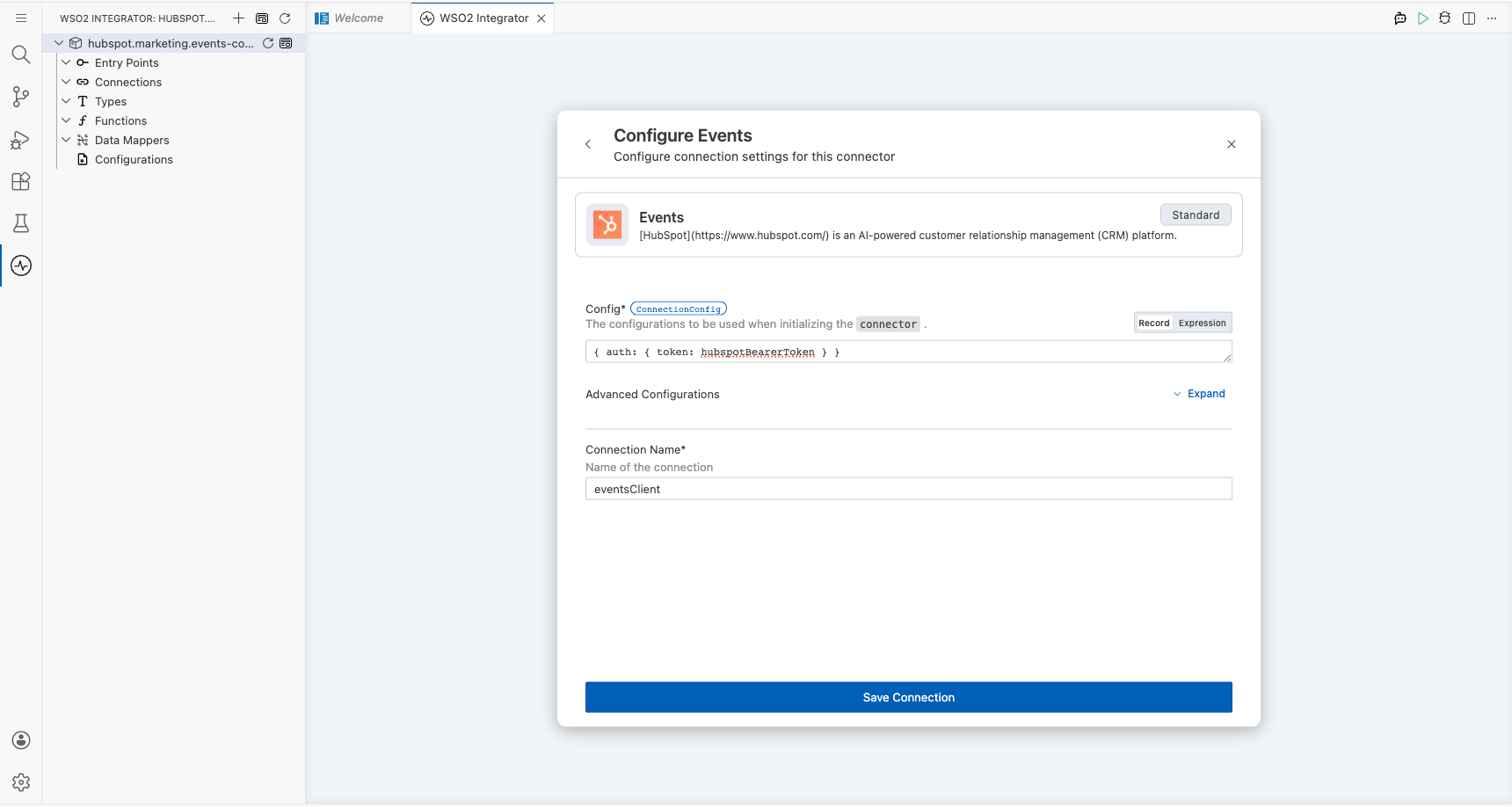 HubSpot Marketing Events connection form fully filled with all parameters before saving