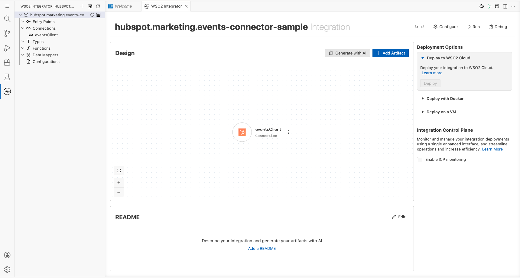 HubSpot Marketing Events Connections panel showing eventsClient entry after saving