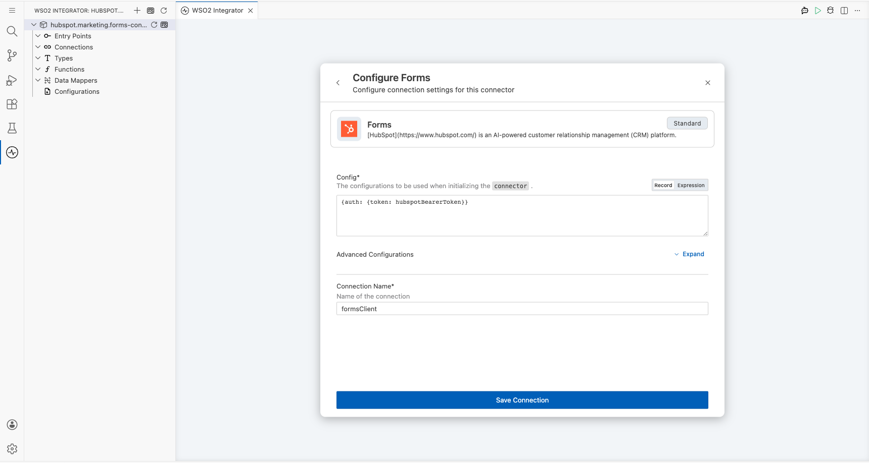 HubSpot Marketing Forms connection form fully filled with all parameters before saving