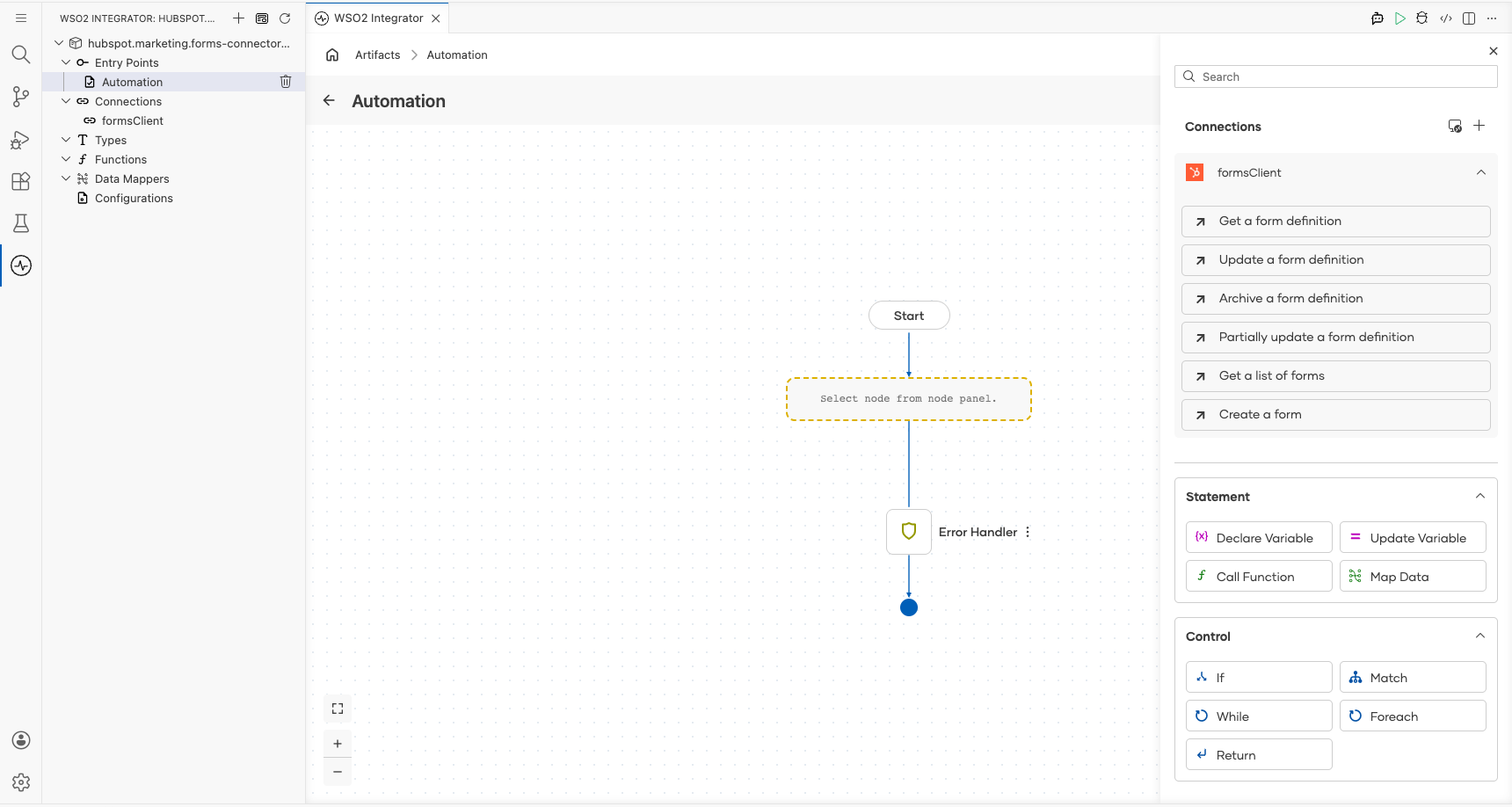 HubSpot Marketing Forms connection node expanded showing all available operations before selection