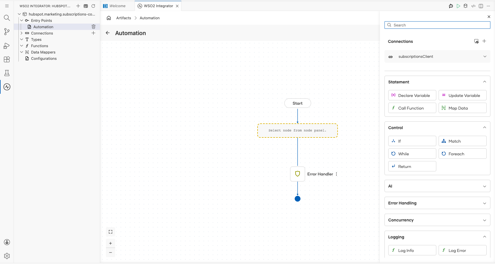 HubSpot Marketing Subscriptions connection node expanded showing all available operations before selection