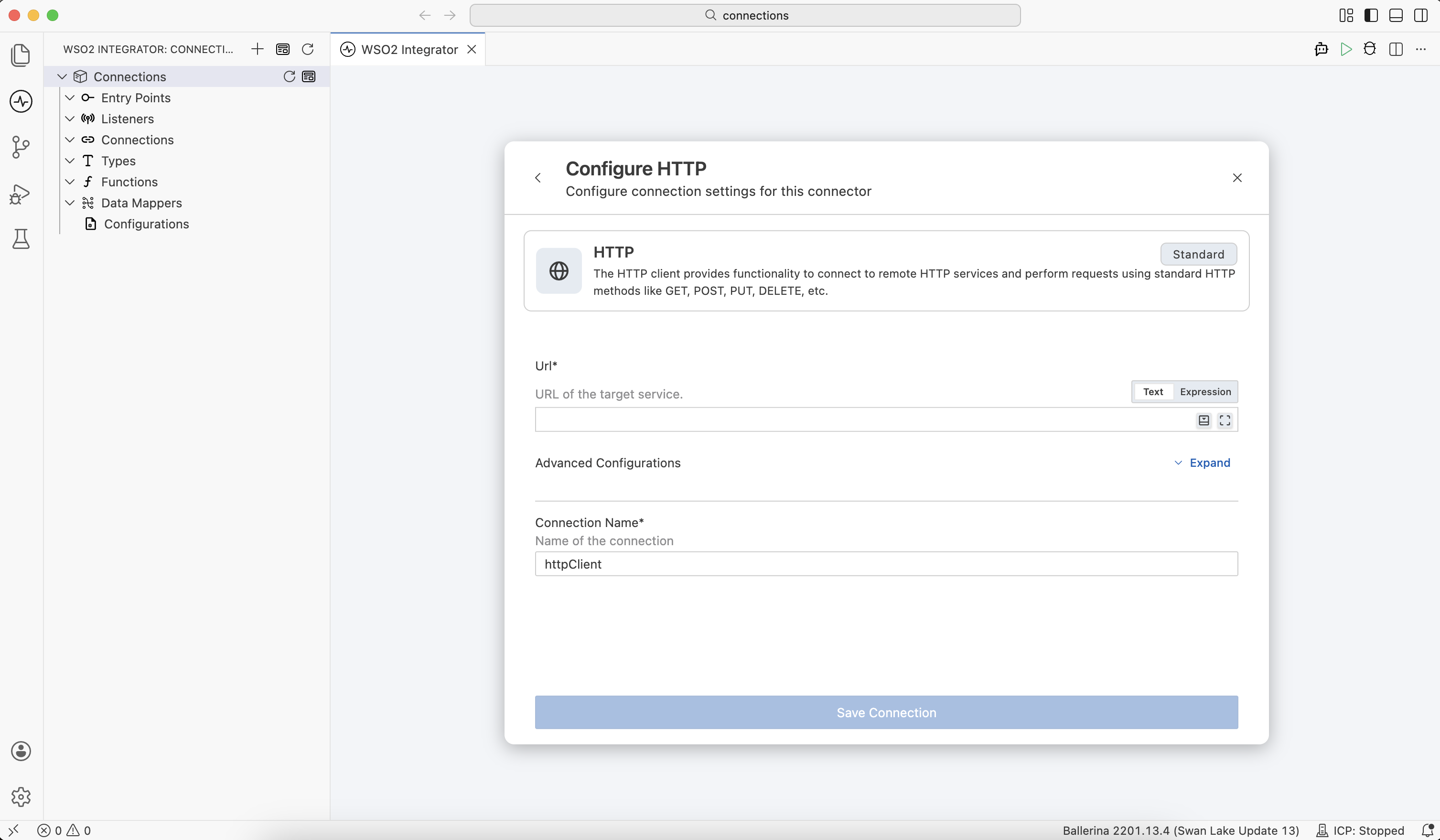 WSO2 Integrator Connection initialization form
