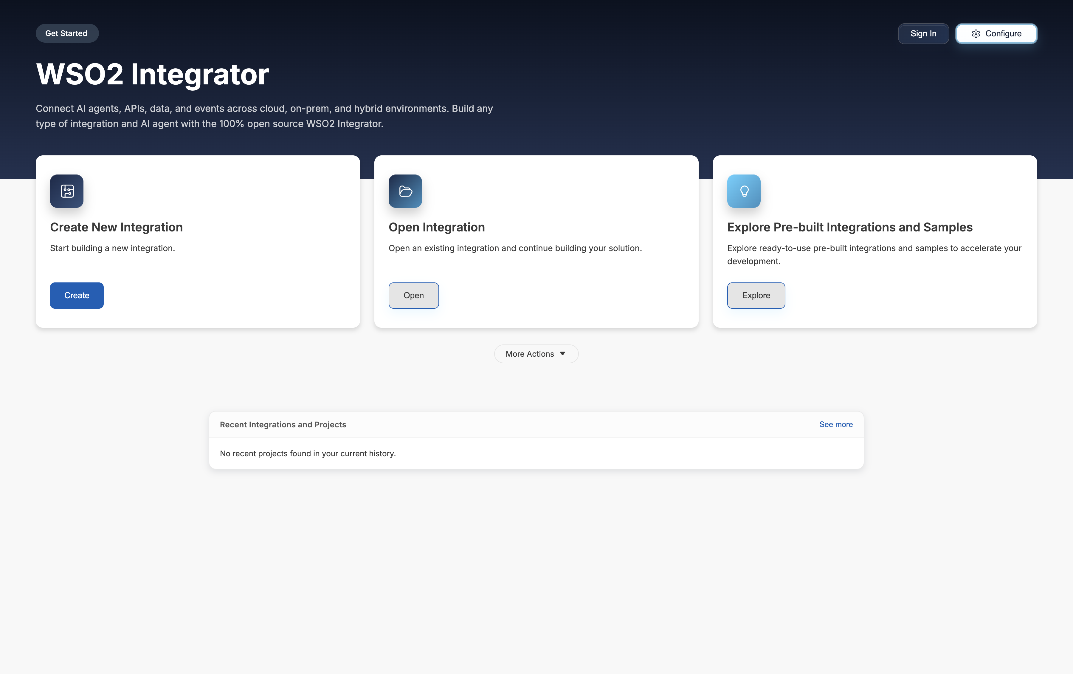 WSO2 Integrator Get Started page with the Sign In button in the top-right corner
