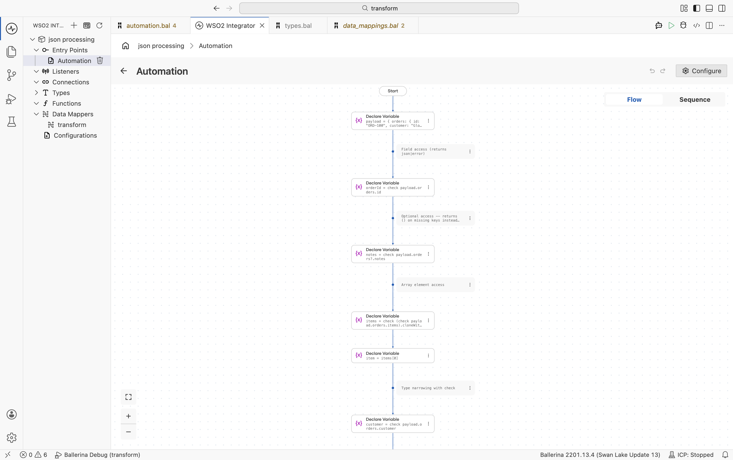 Flow designer showing Declare Variable steps for JSON field access, optional access, and type narrowing