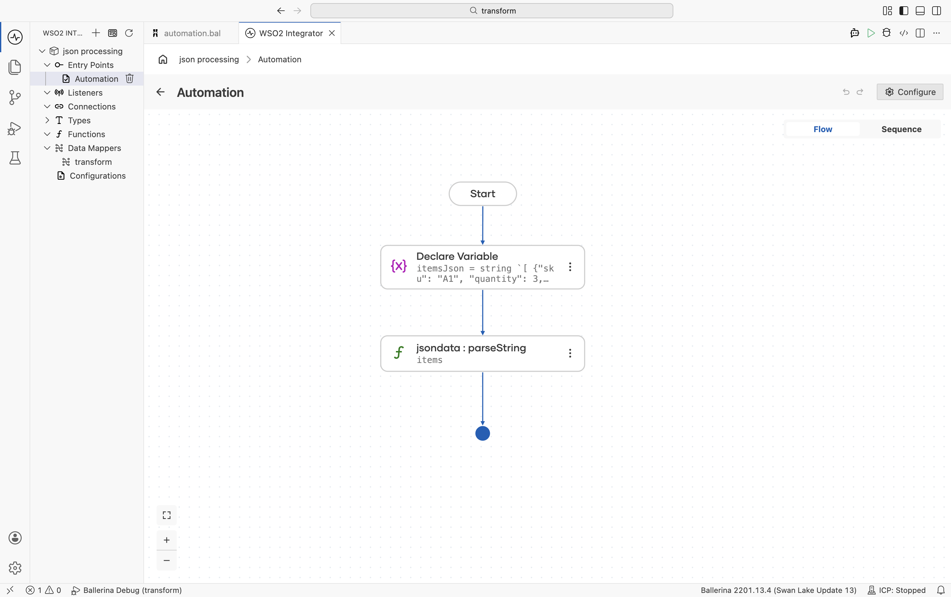 Flow designer showing the jsondata parseString function call step for parsing a JSON array into typed records