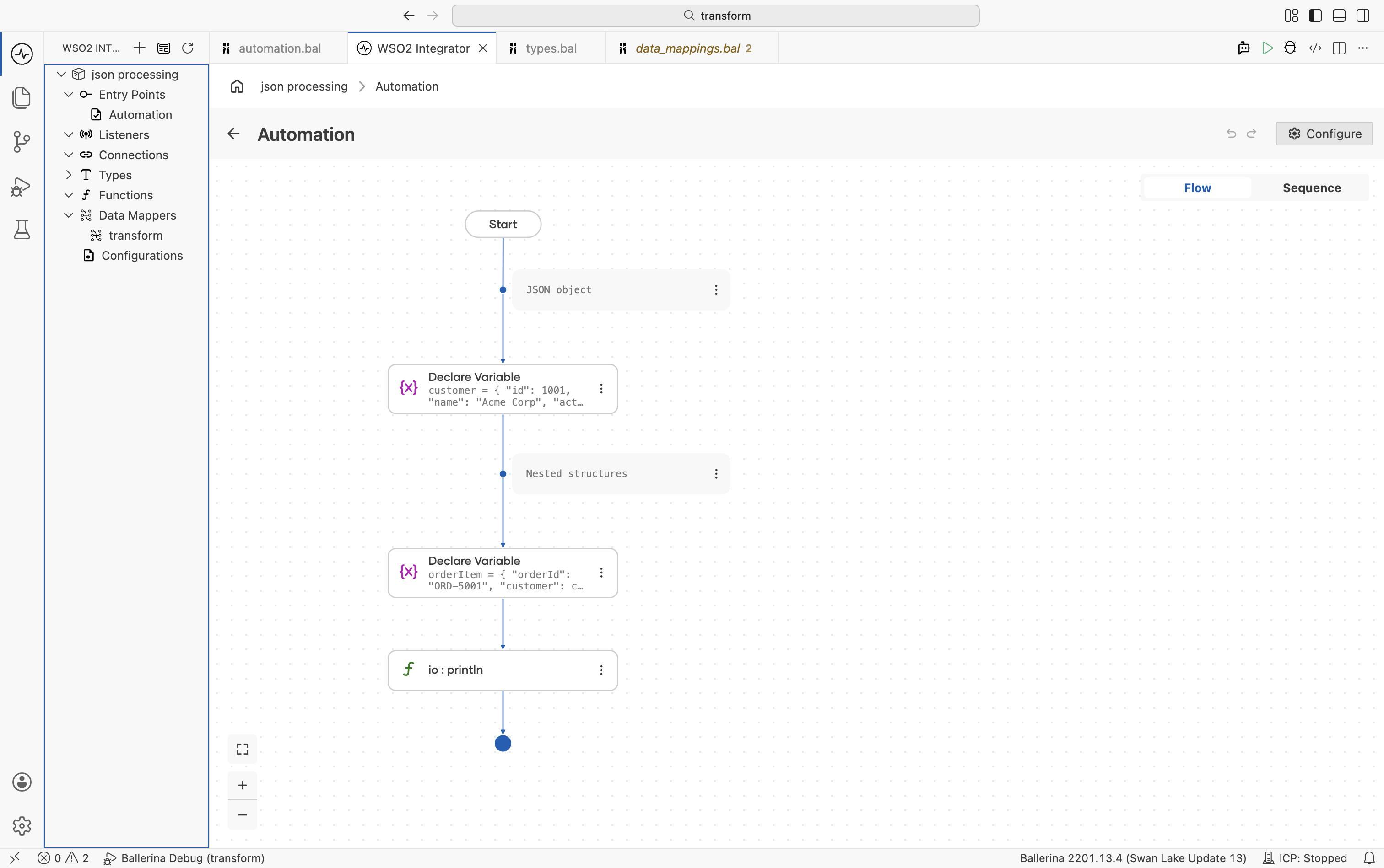 Flow designer showing Declare Variable steps for JSON value construction including nested objects and arrays