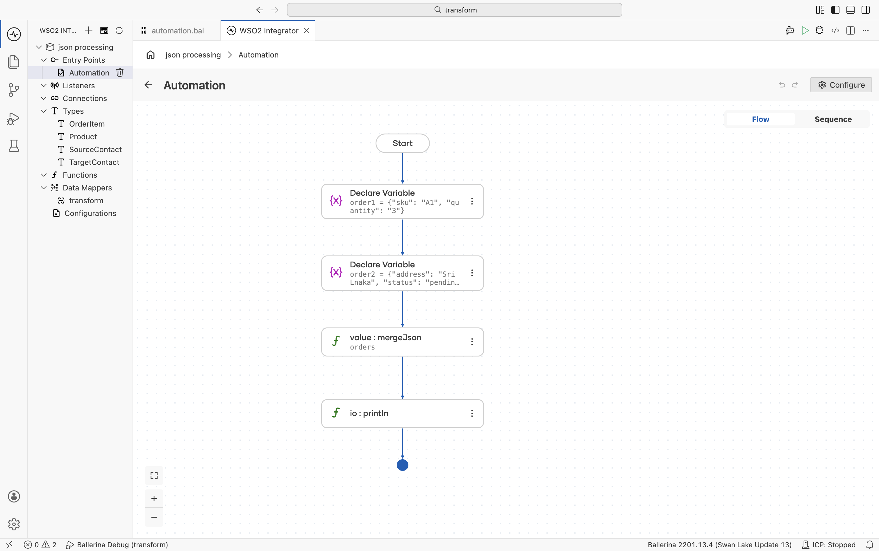 Flow designer showing two Declare Variable steps for order1 and order2 followed by a mergeJson function call step