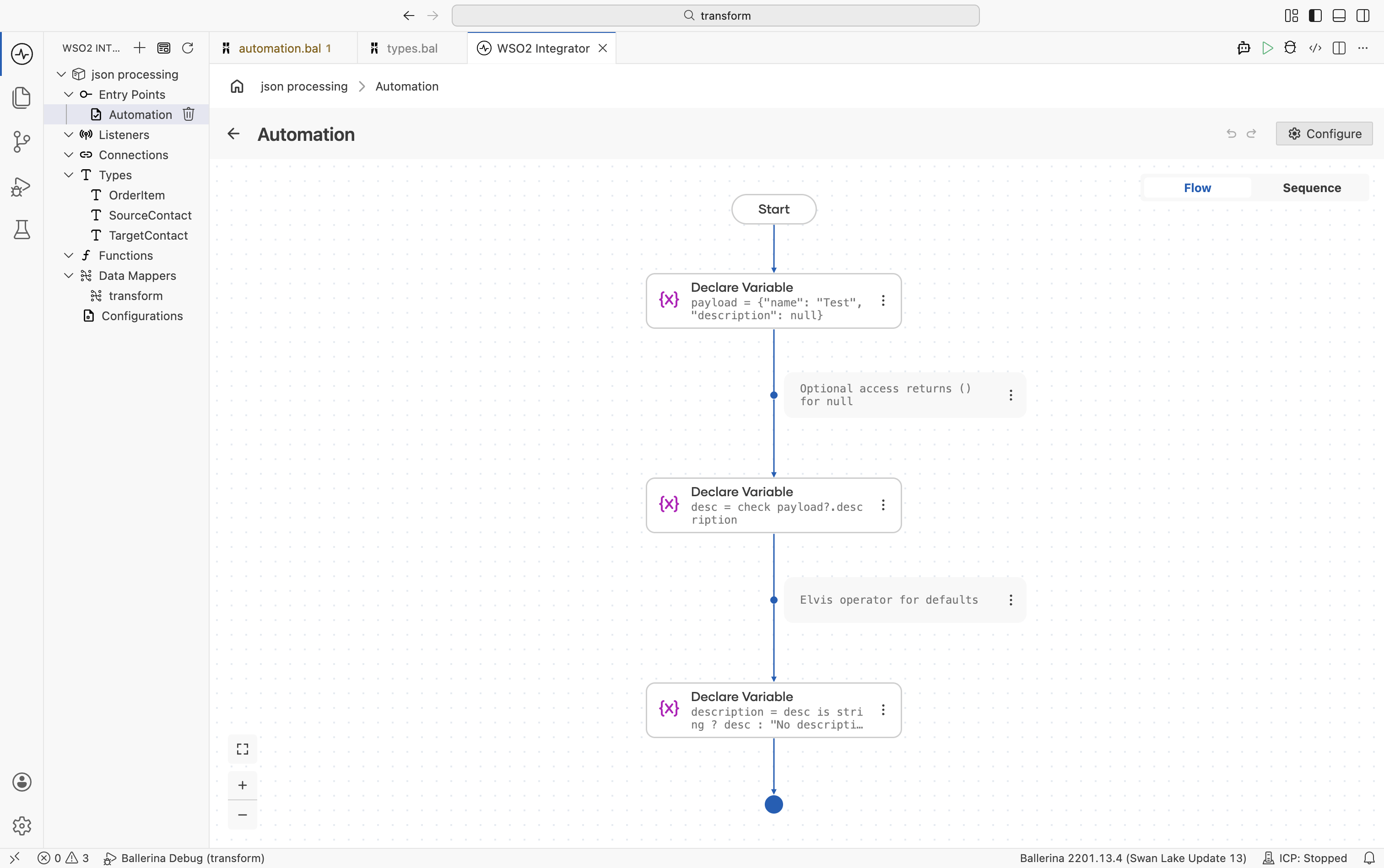 Flow designer showing Declare Variable steps for optional access and Elvis operator for null handling