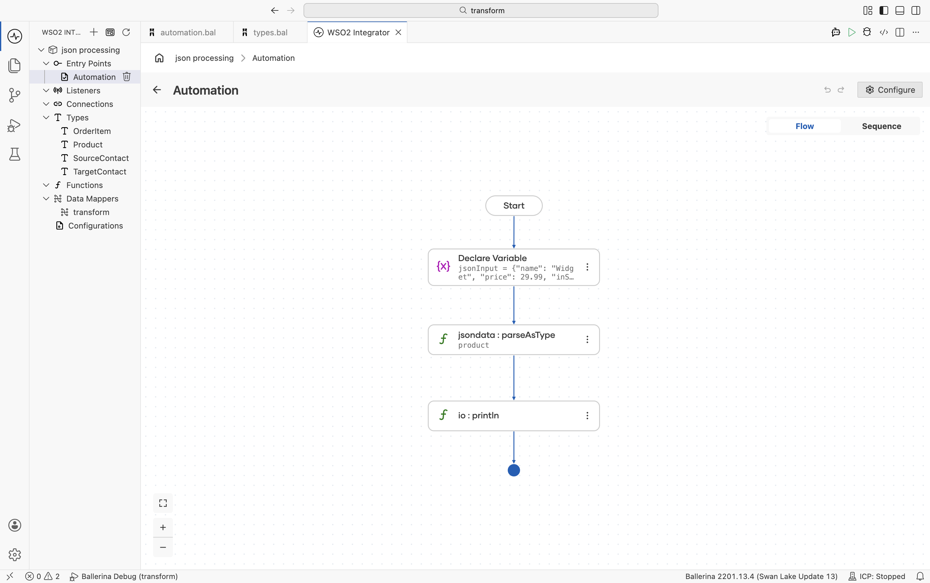 Flow designer showing the parseAsType function call step with jsonInput as the argument and Product as the result type