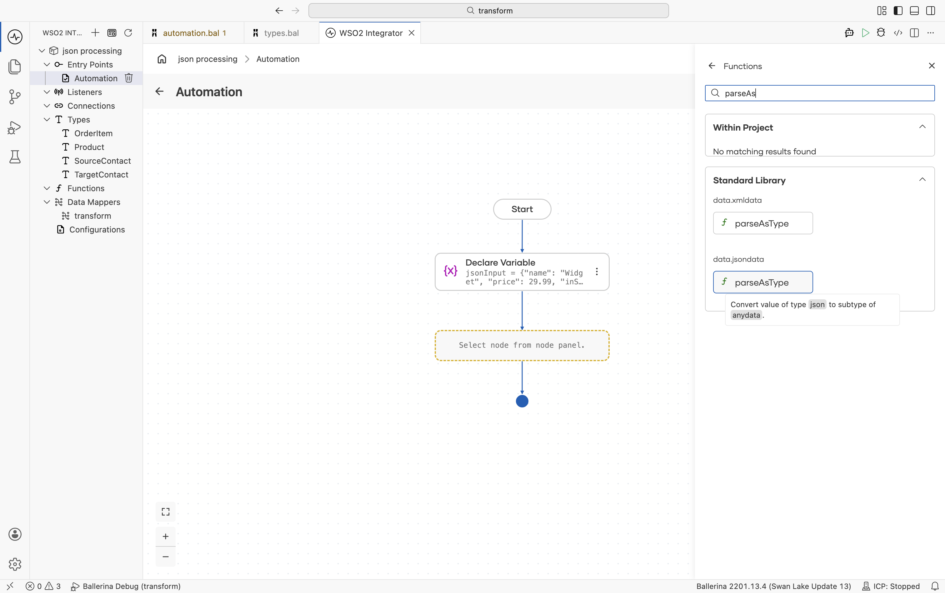 right-side panel showing parseAsType search results with the data.jsondata module entry highlighted