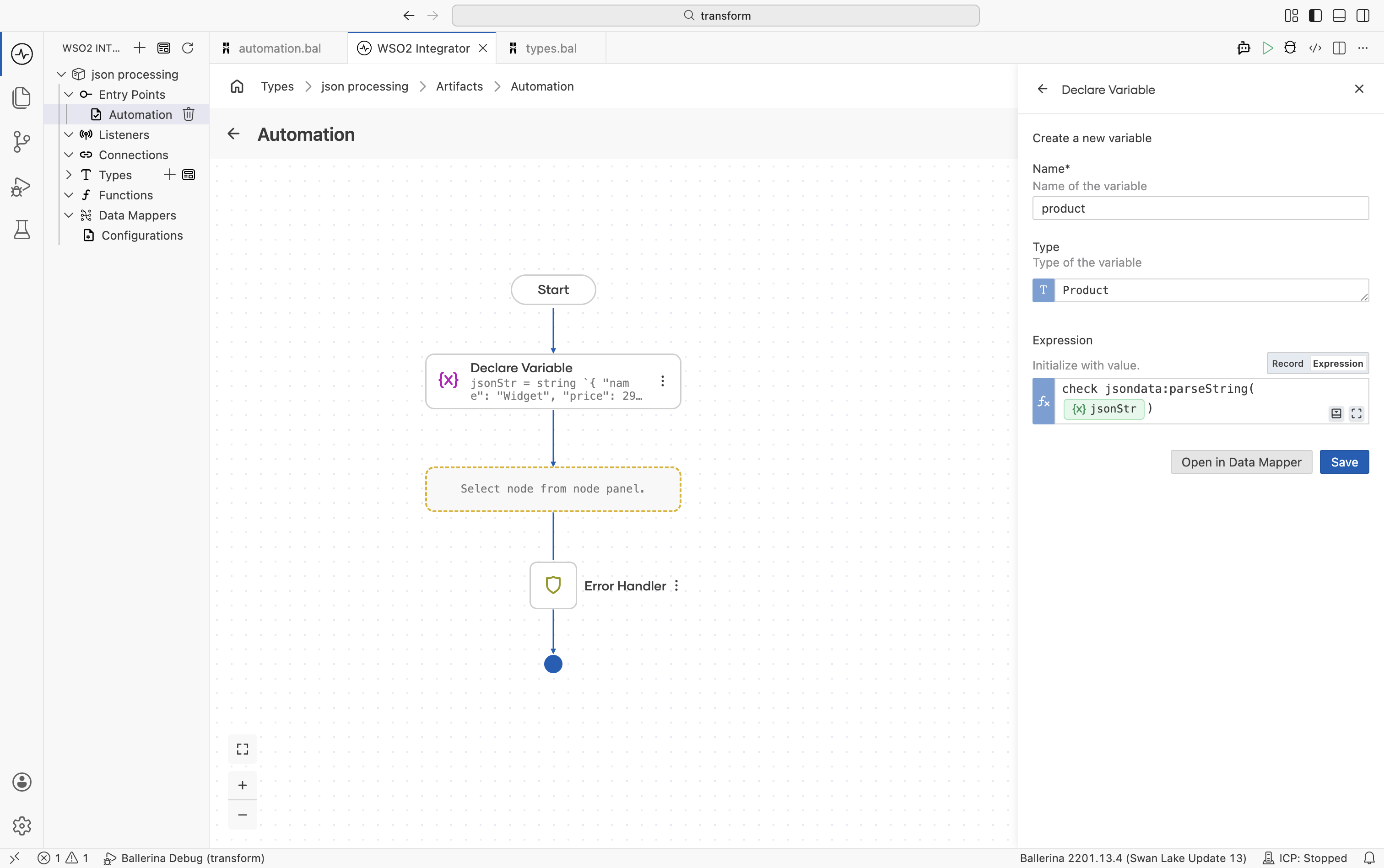 Right-side panel showing the parseString function form with jsonStr as the argument and Product as the return type