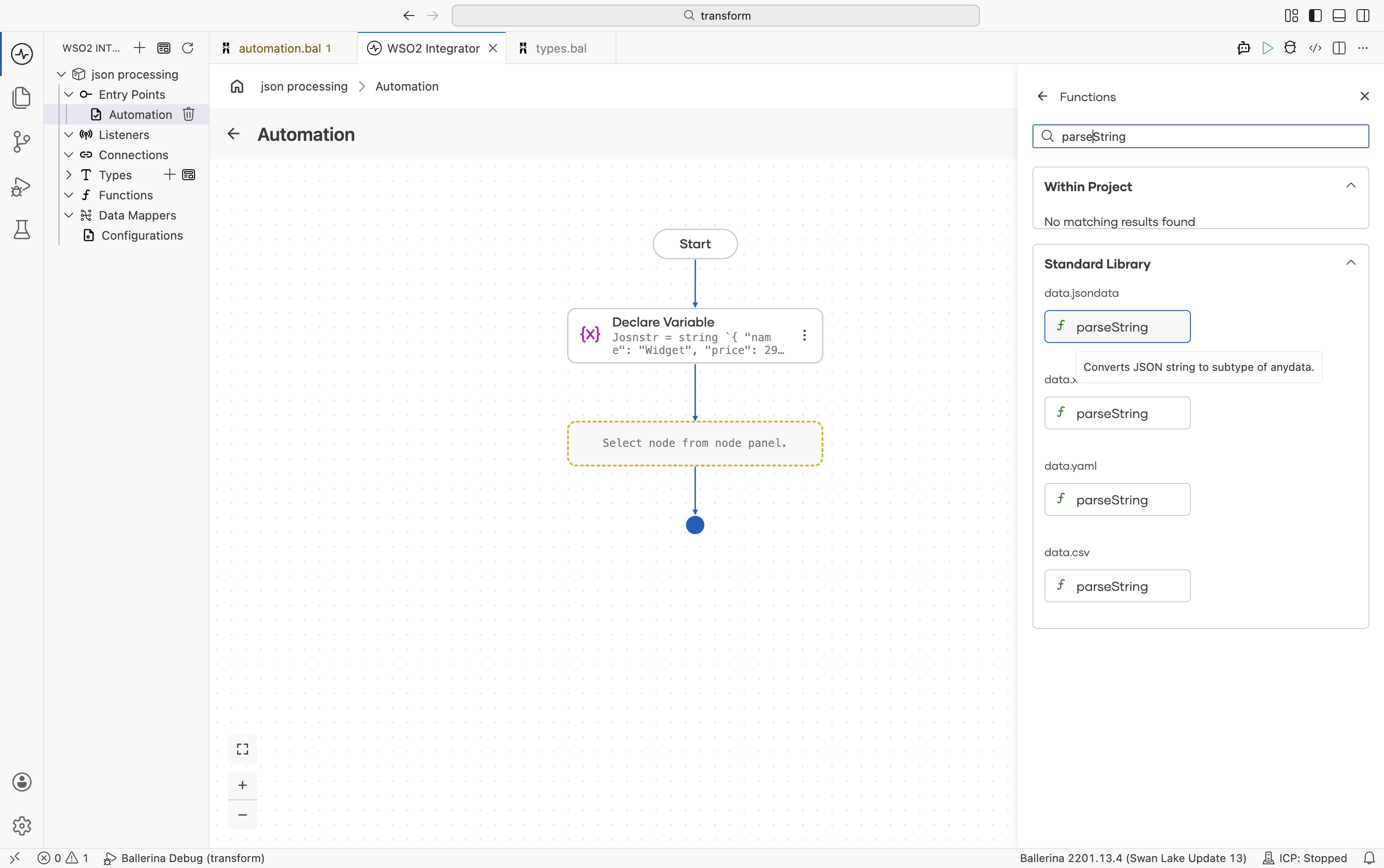 Right-side panel showing parseString search results with the data.jsondata module entry highlighted