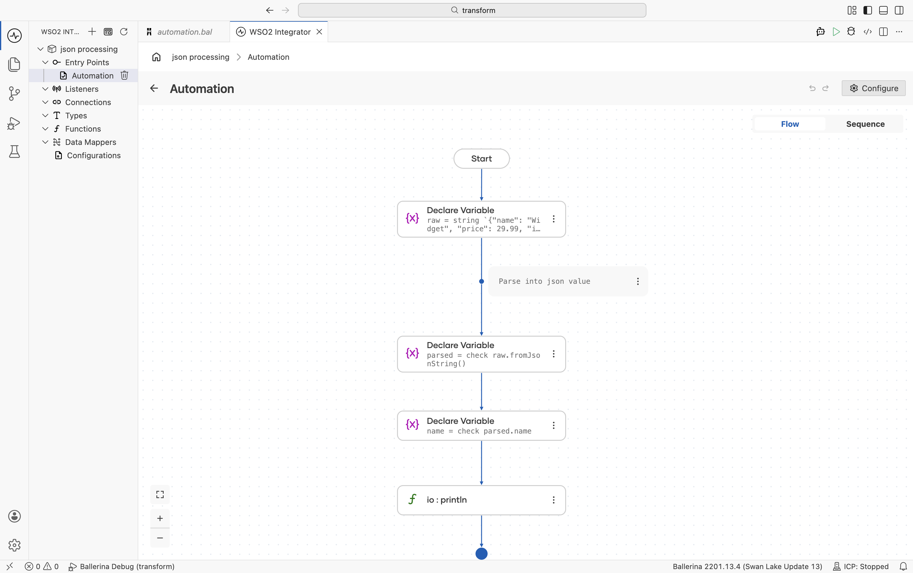 Flow designer showing the fromJsonString function call step and variable extraction steps