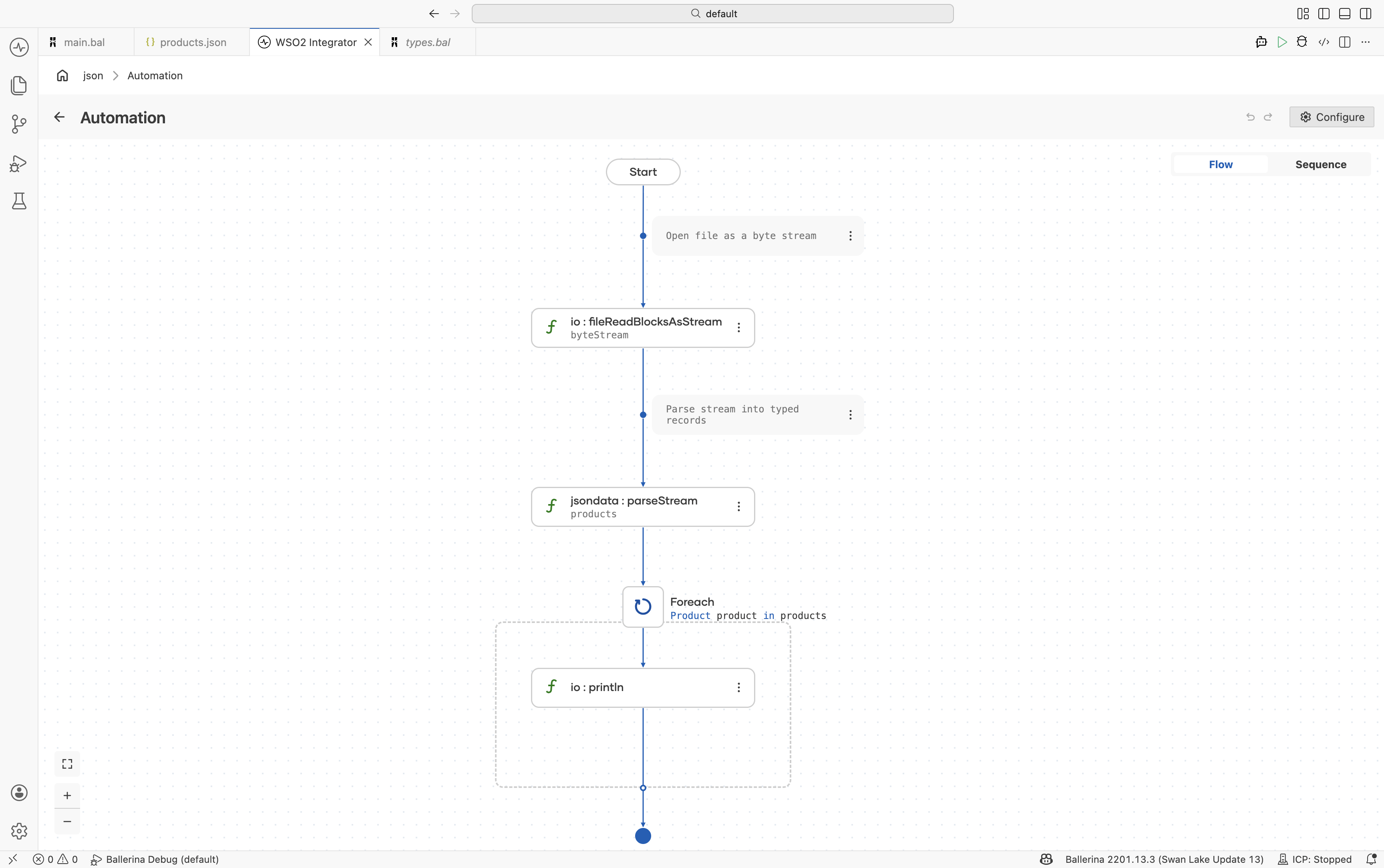 Flow designer showing a parseStream function call step reading a byte stream into a typed Product array