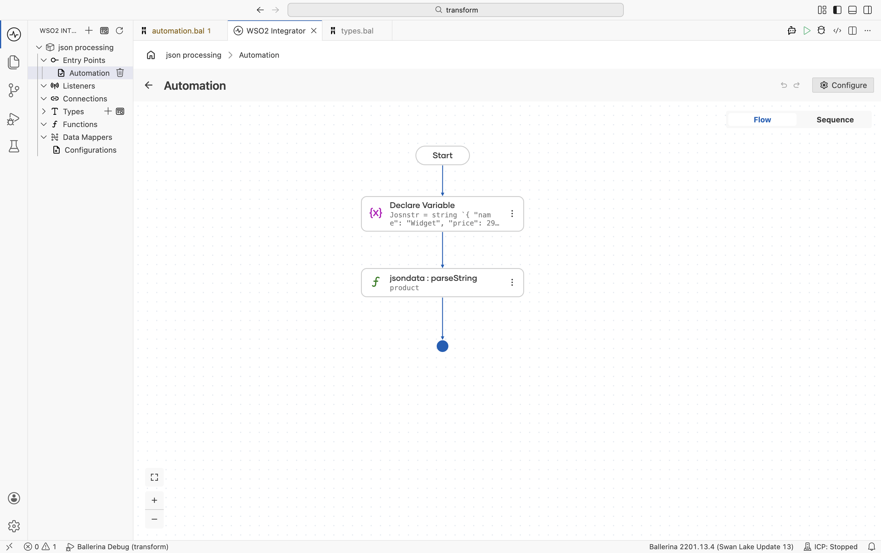 Flow designer showing the parseString function call step with Product as the result type