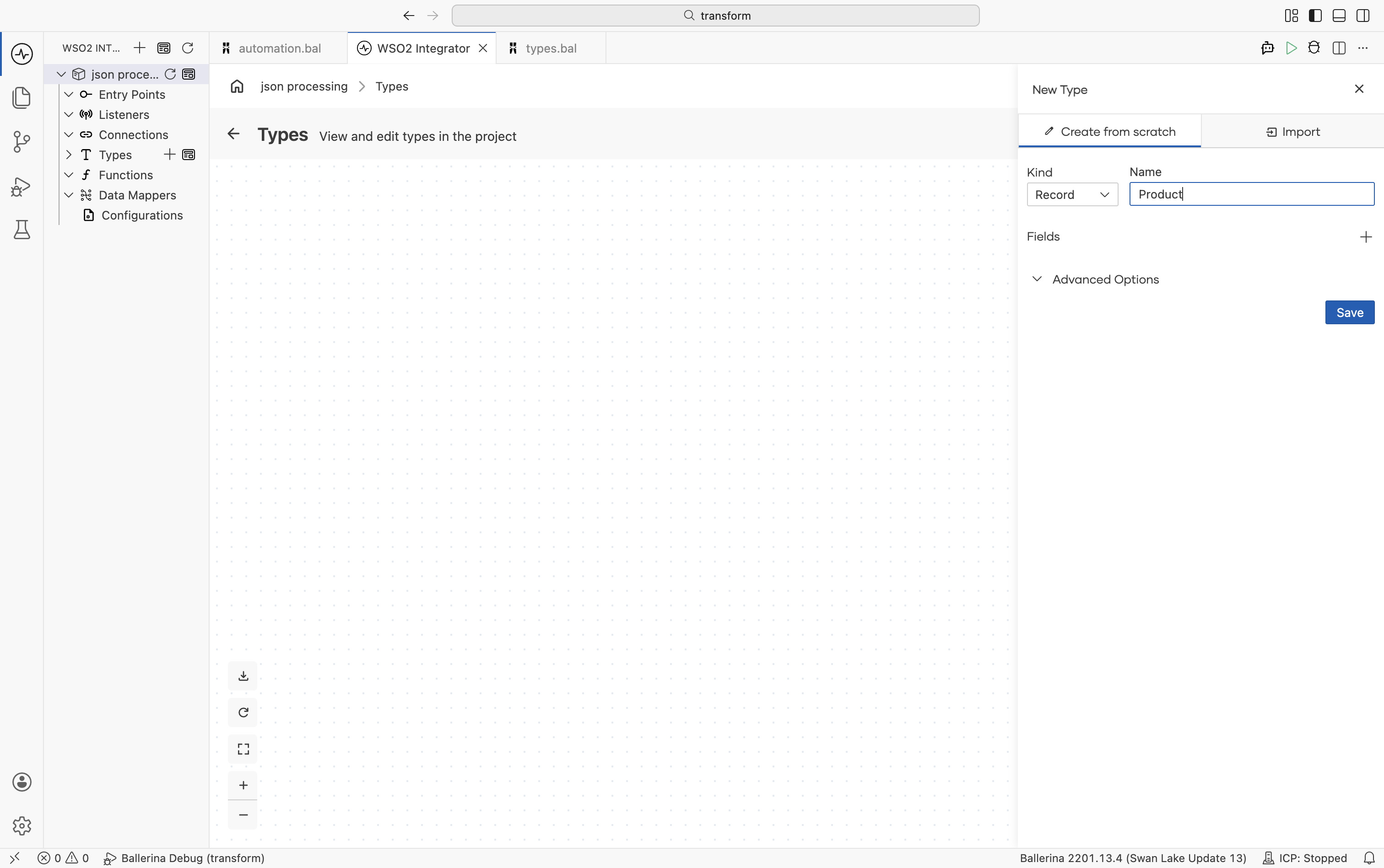 New Type panel showing the Product record fields defined from scratch