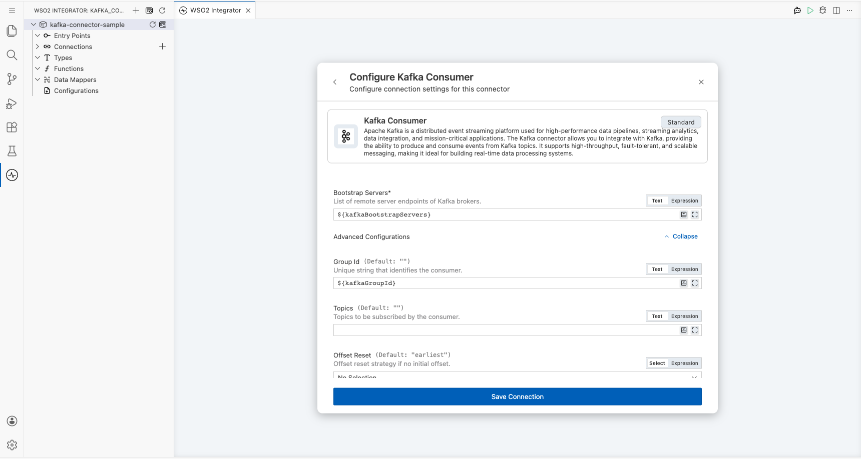 Kafka connection form fully filled with all parameters before saving