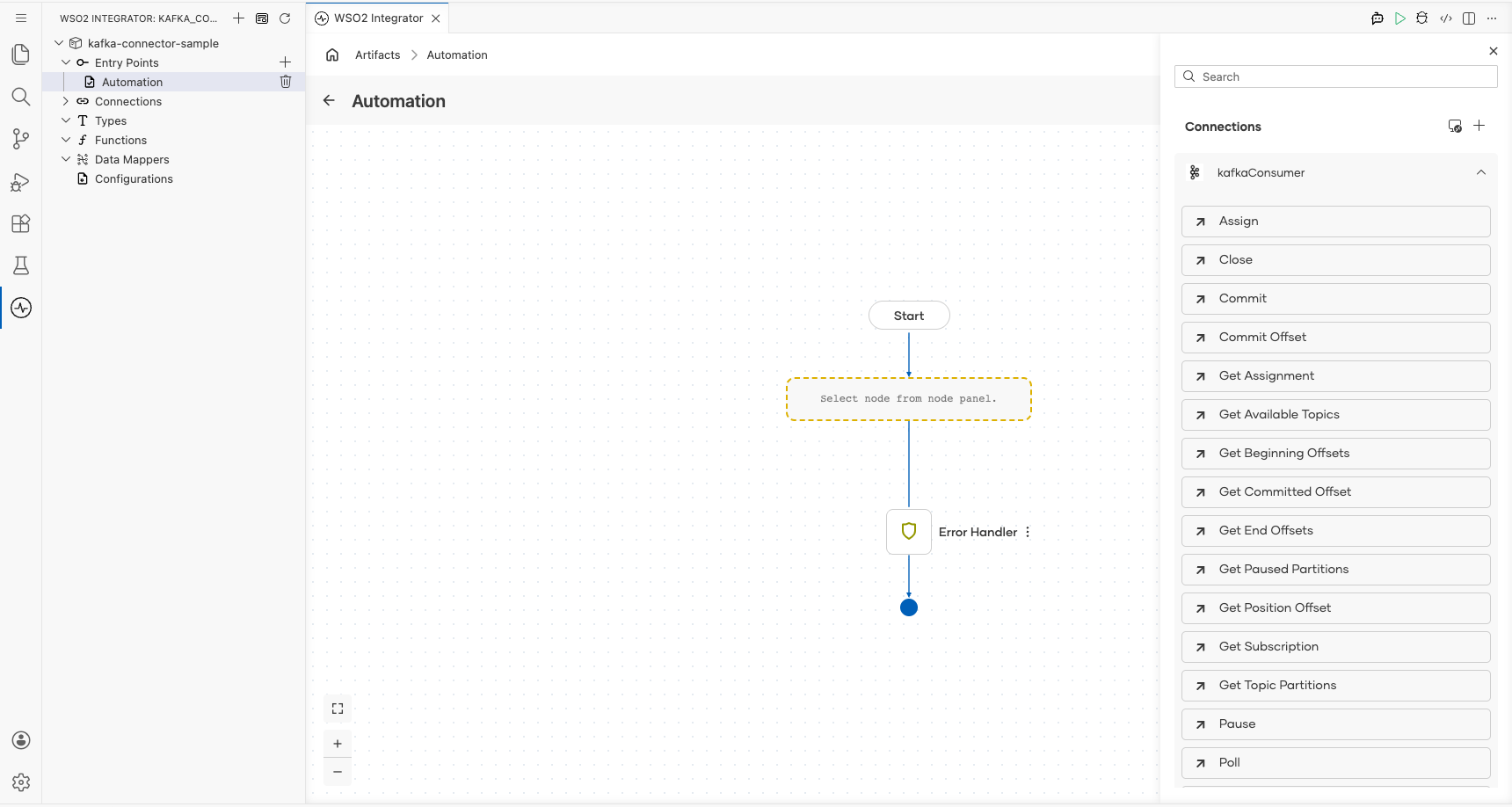 Kafka connection node expanded showing all available operations before selection
