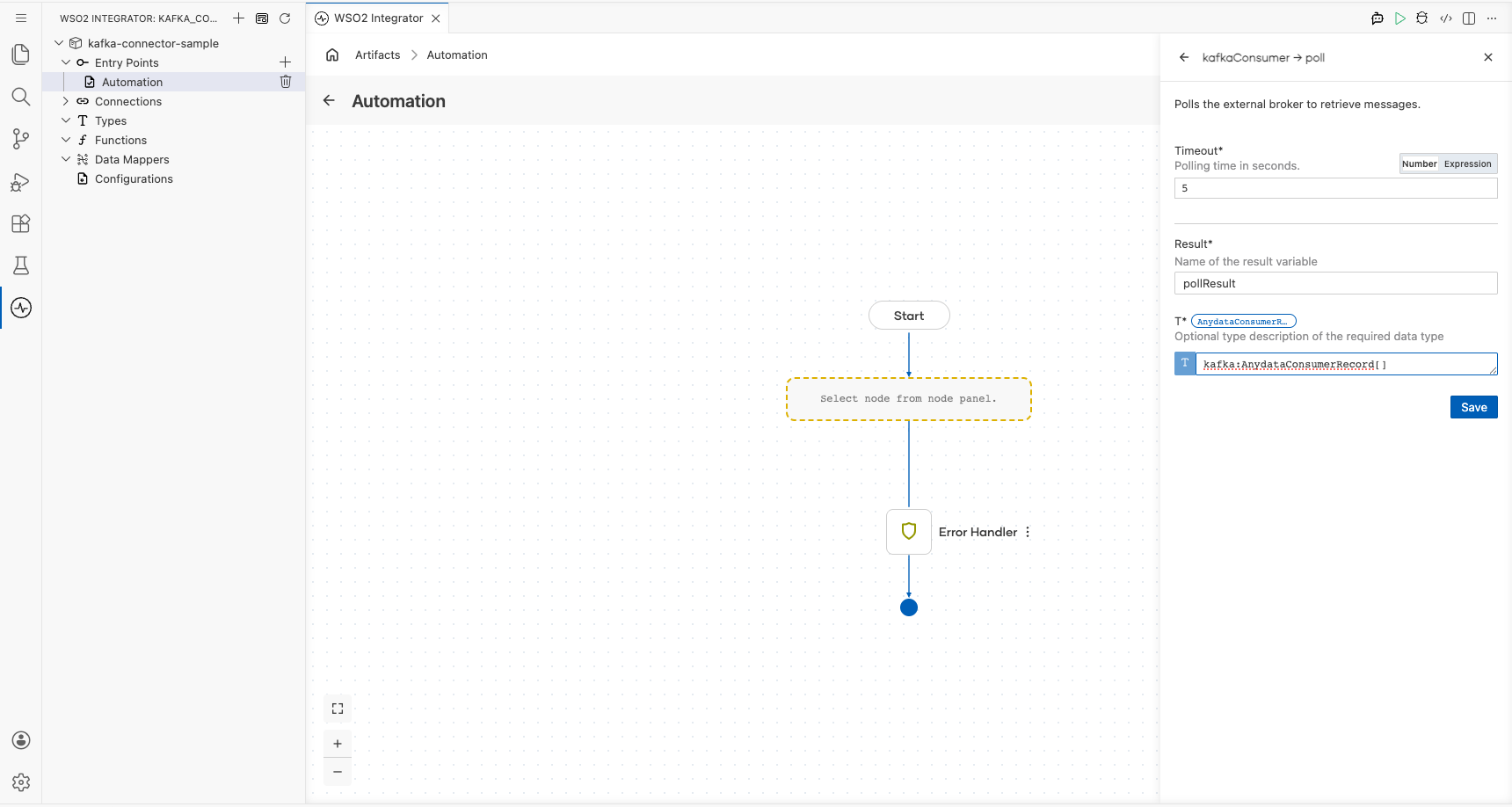Kafka Poll operation configuration filled with all values