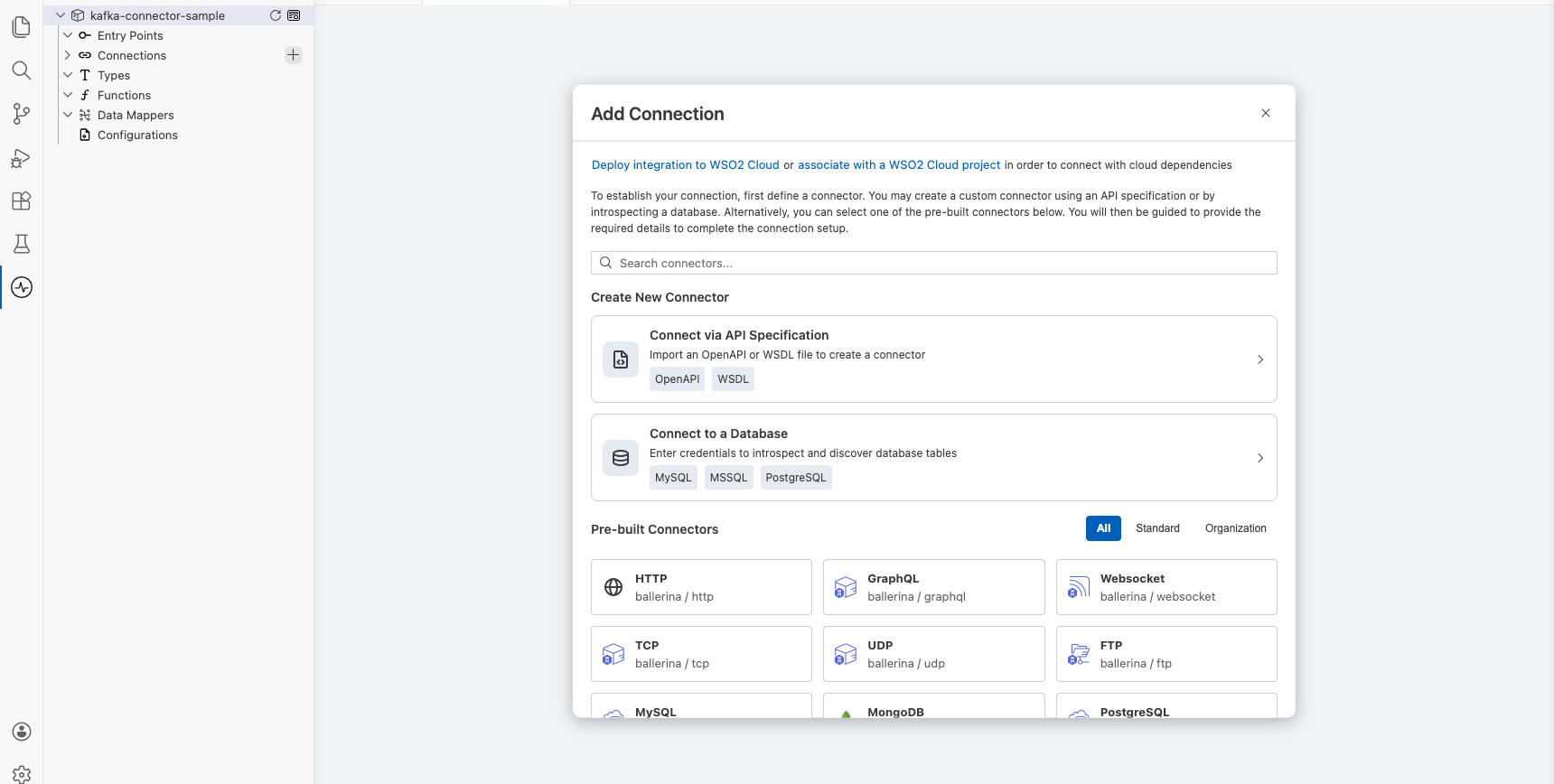 Kafka Producer connector palette open with search field before any selection