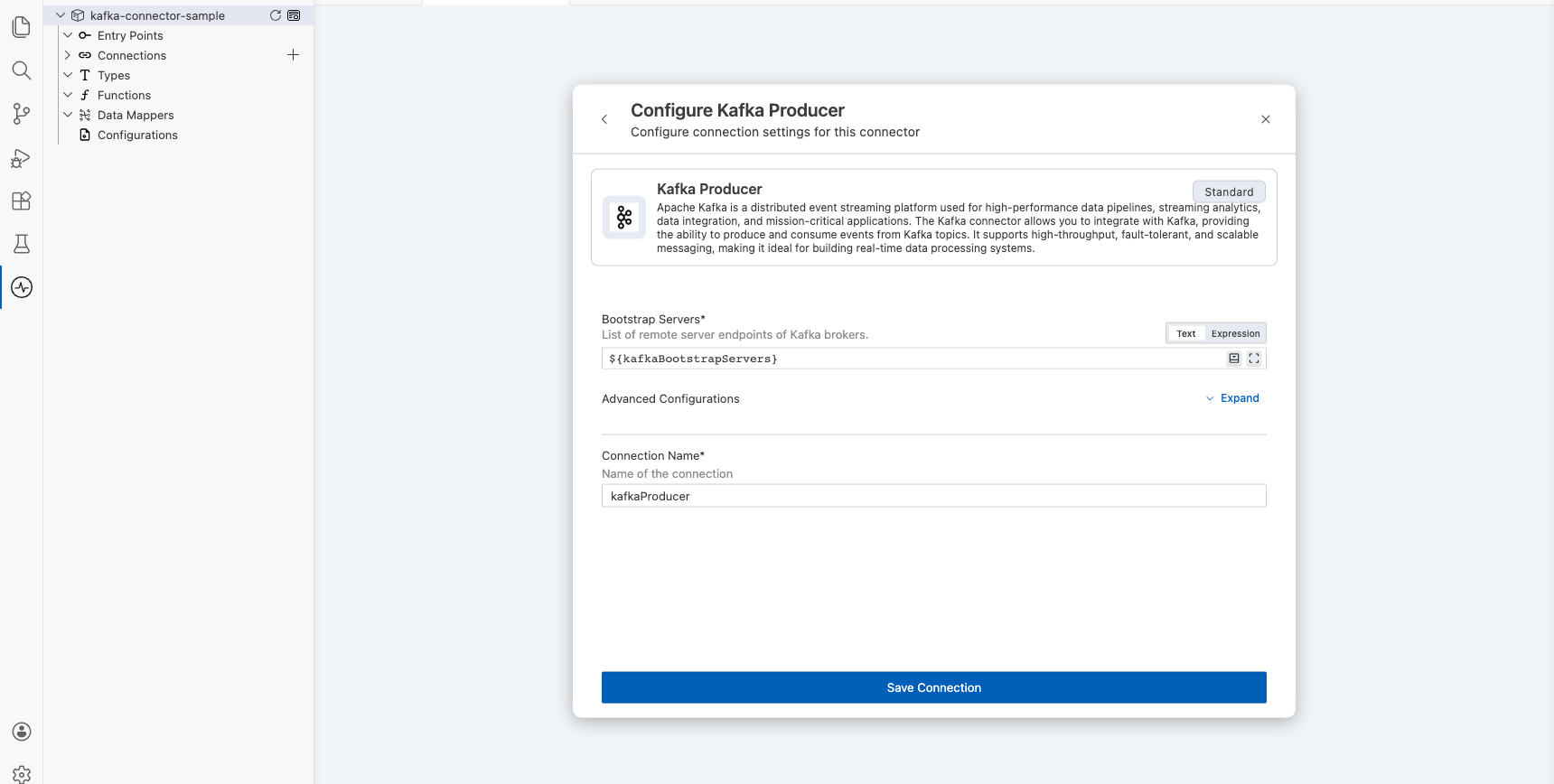 Kafka Producer connection form fully filled with all parameters before saving