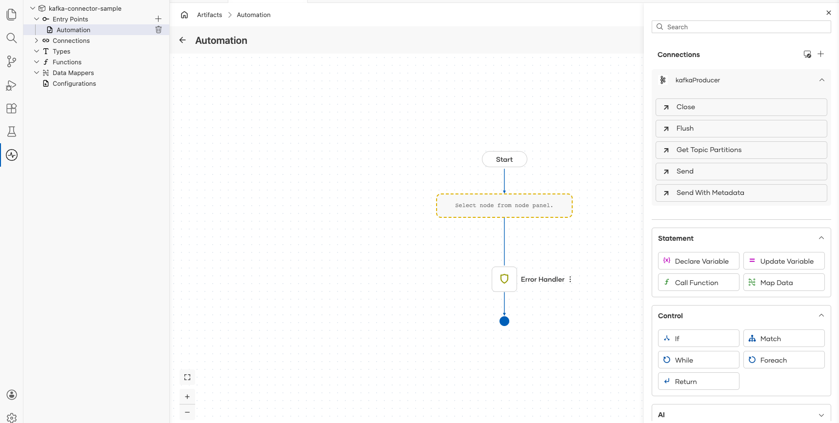 Kafka Producer connection node expanded showing all available operations before selection