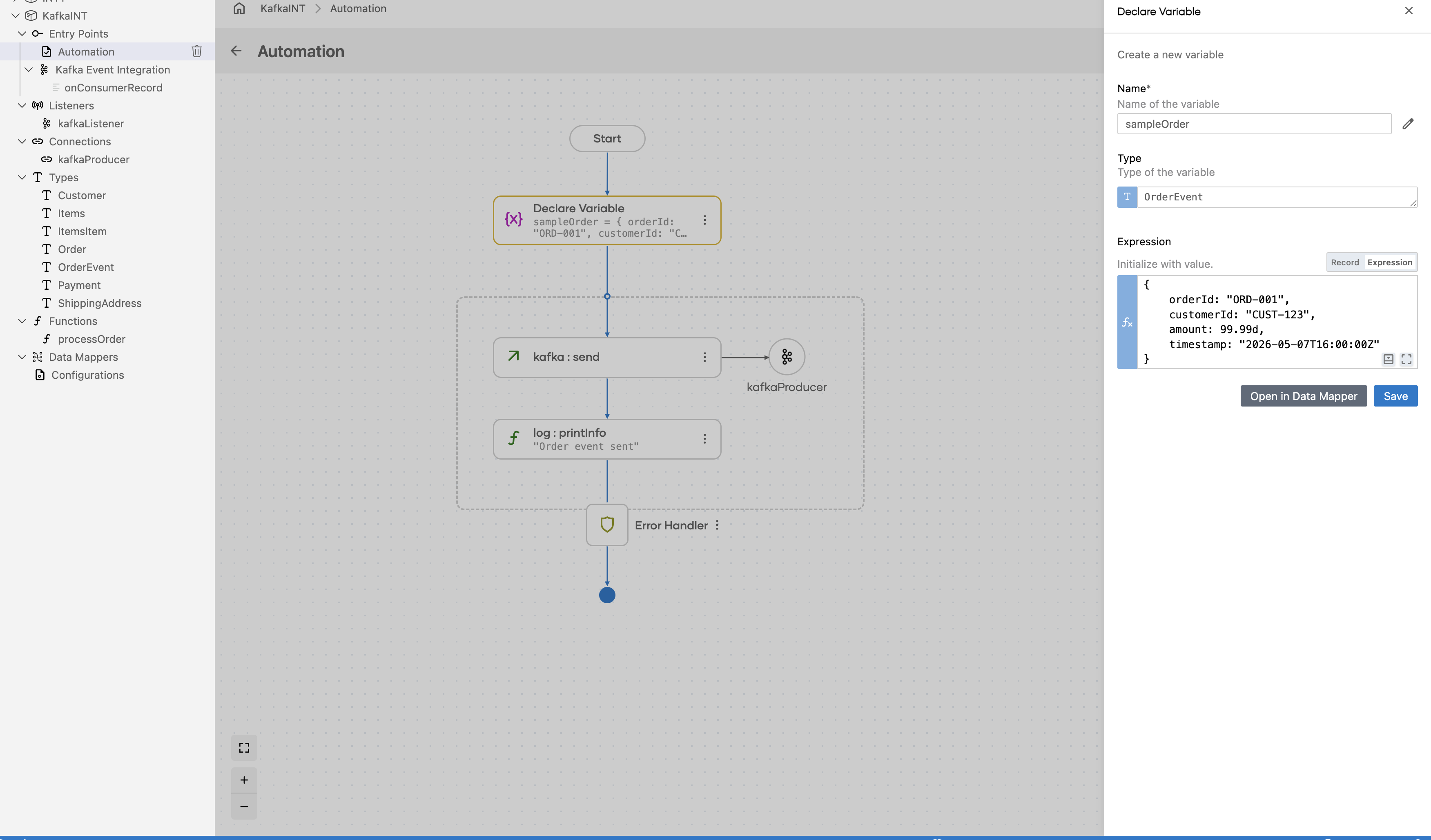 Kafka Producer Send operation configuration filled with all values