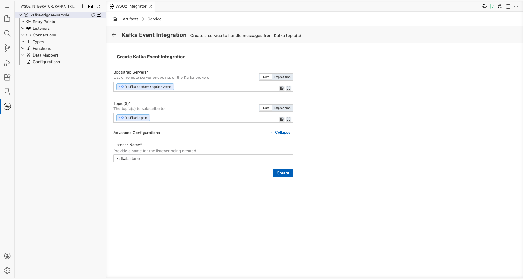 Trigger configuration form with all Kafka listener parameters bound to configuration variables, before clicking Create