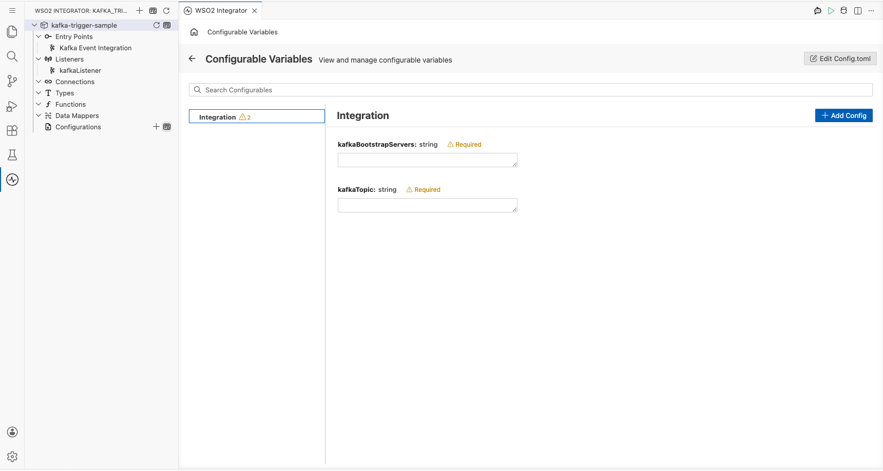 Configurations panel open showing the configurable variables listed with empty value fields