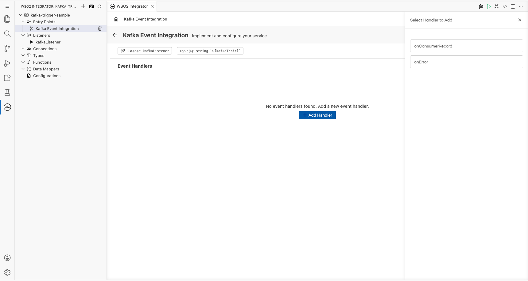 Service view with the Select Handler to Add side panel open, listing onConsumerRecord and onError handler options